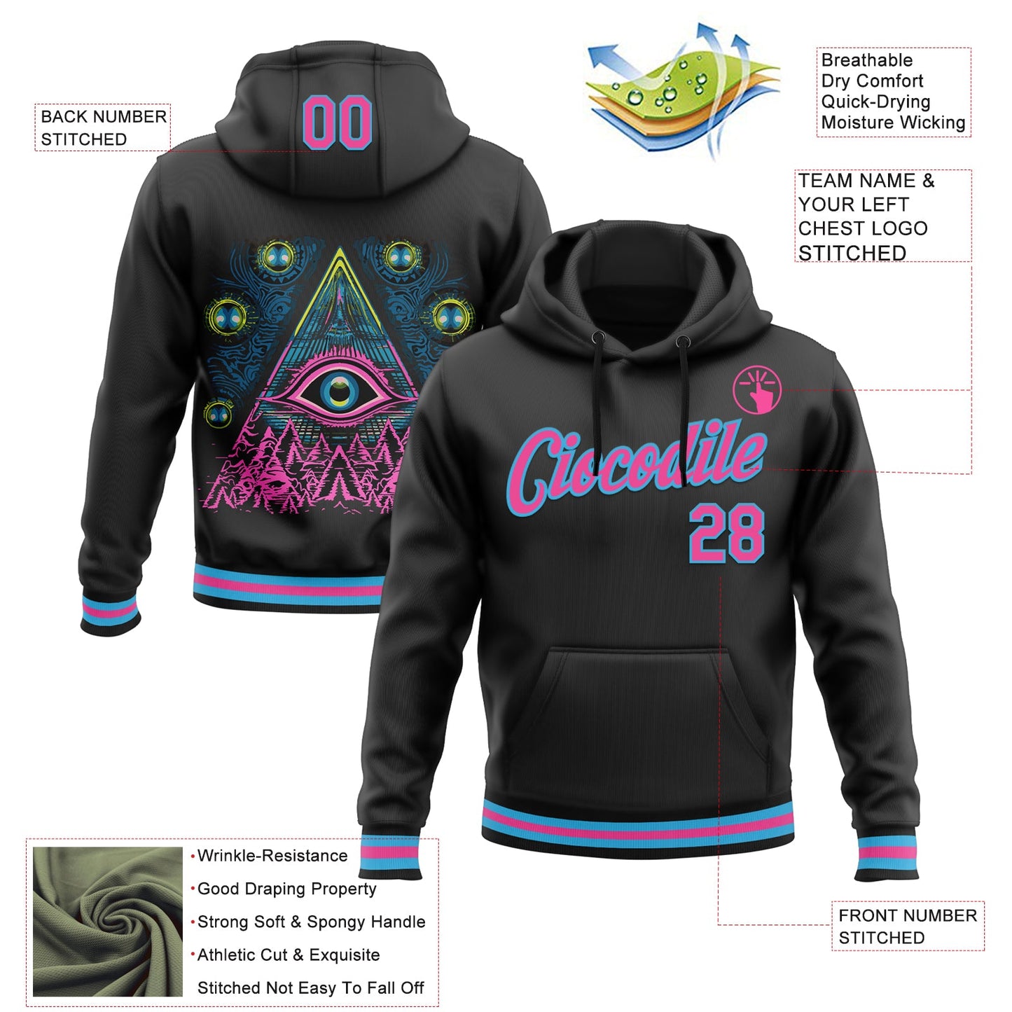 Custom Stitched Black Pink-Sky Blue 3D Pattern Design Evil Eyes Sports Pullover Sweatshirt Hoodie view 2