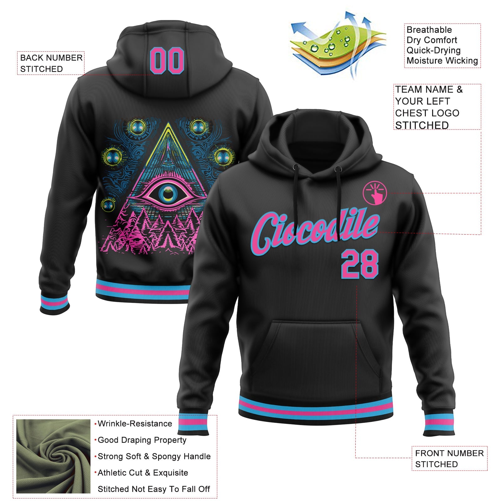 Custom Stitched Black Pink-Sky Blue 3D Pattern Design Evil Eyes Sports Pullover Sweatshirt Hoodie view 2