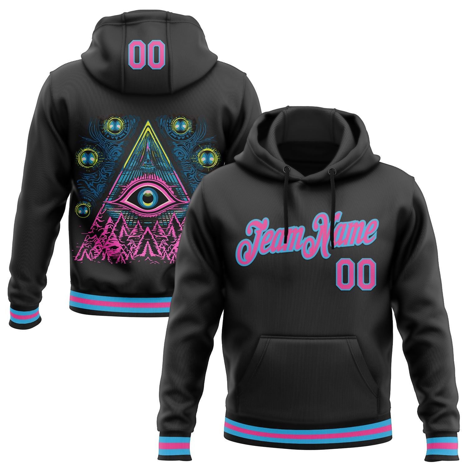 Custom Stitched Black Pink-Sky Blue 3D Pattern Design Evil Eyes Sports Pullover Sweatshirt Hoodie - Main View