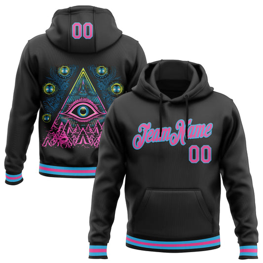 Custom Stitched Black Pink-Sky Blue 3D Pattern Design Evil Eyes Sports Pullover Sweatshirt Hoodie - Main View