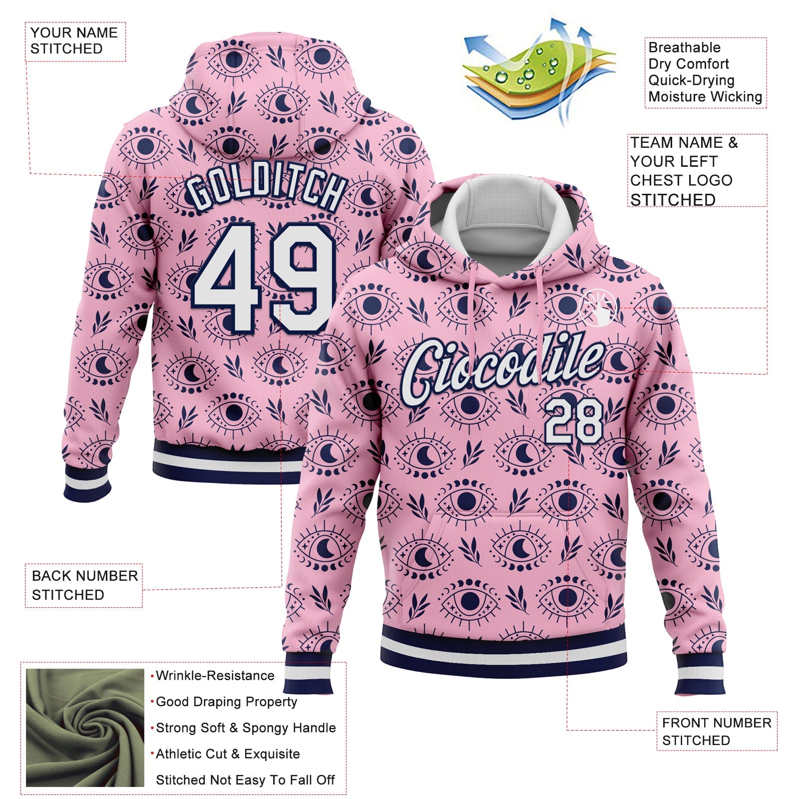 Custom Stitched Light Pink White-Navy 3D Pattern Design Evil Eyes Sports Pullover Sweatshirt Hoodie view 2