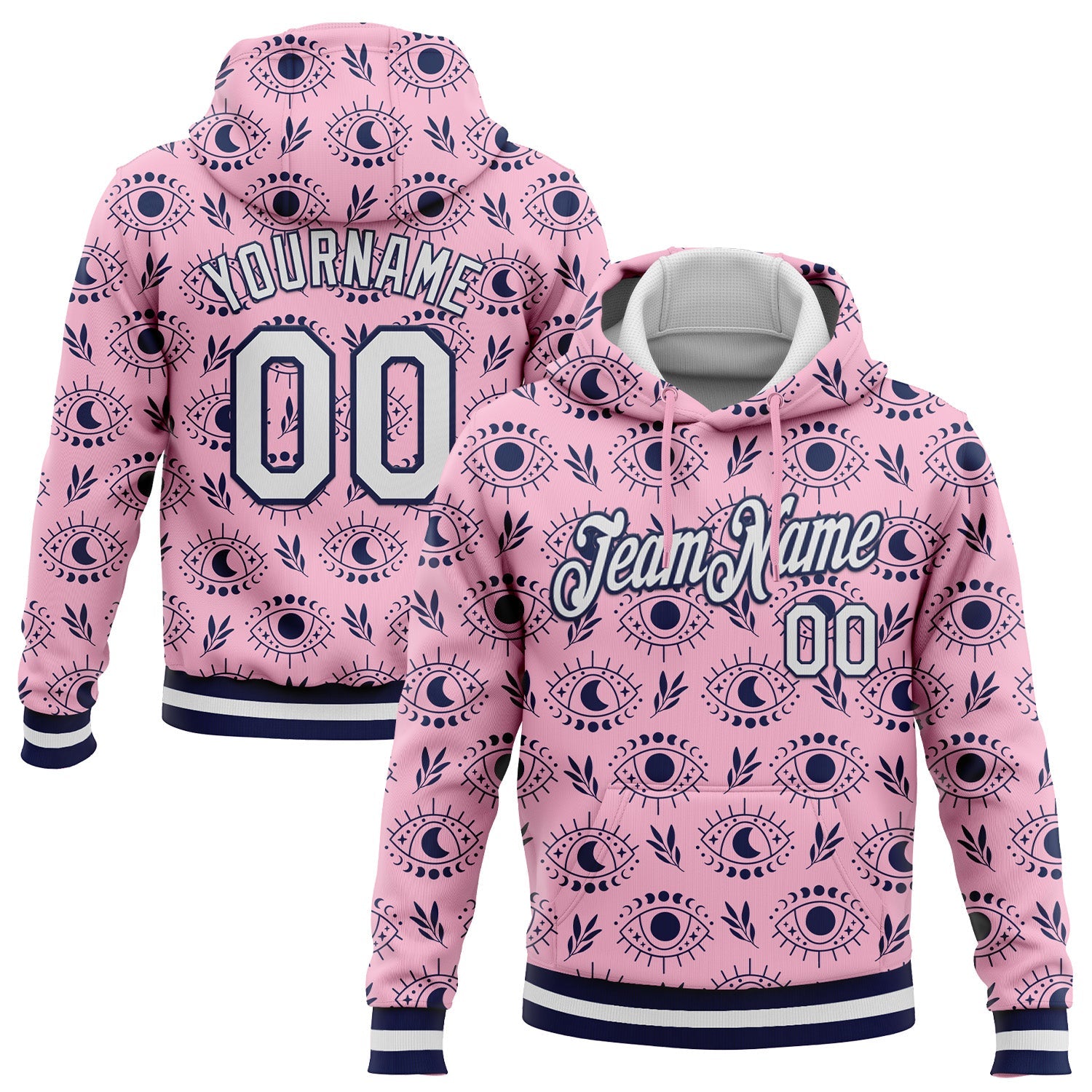 Custom Stitched Light Pink White-Navy 3D Pattern Design Evil Eyes Sports Pullover Sweatshirt Hoodie - Main View