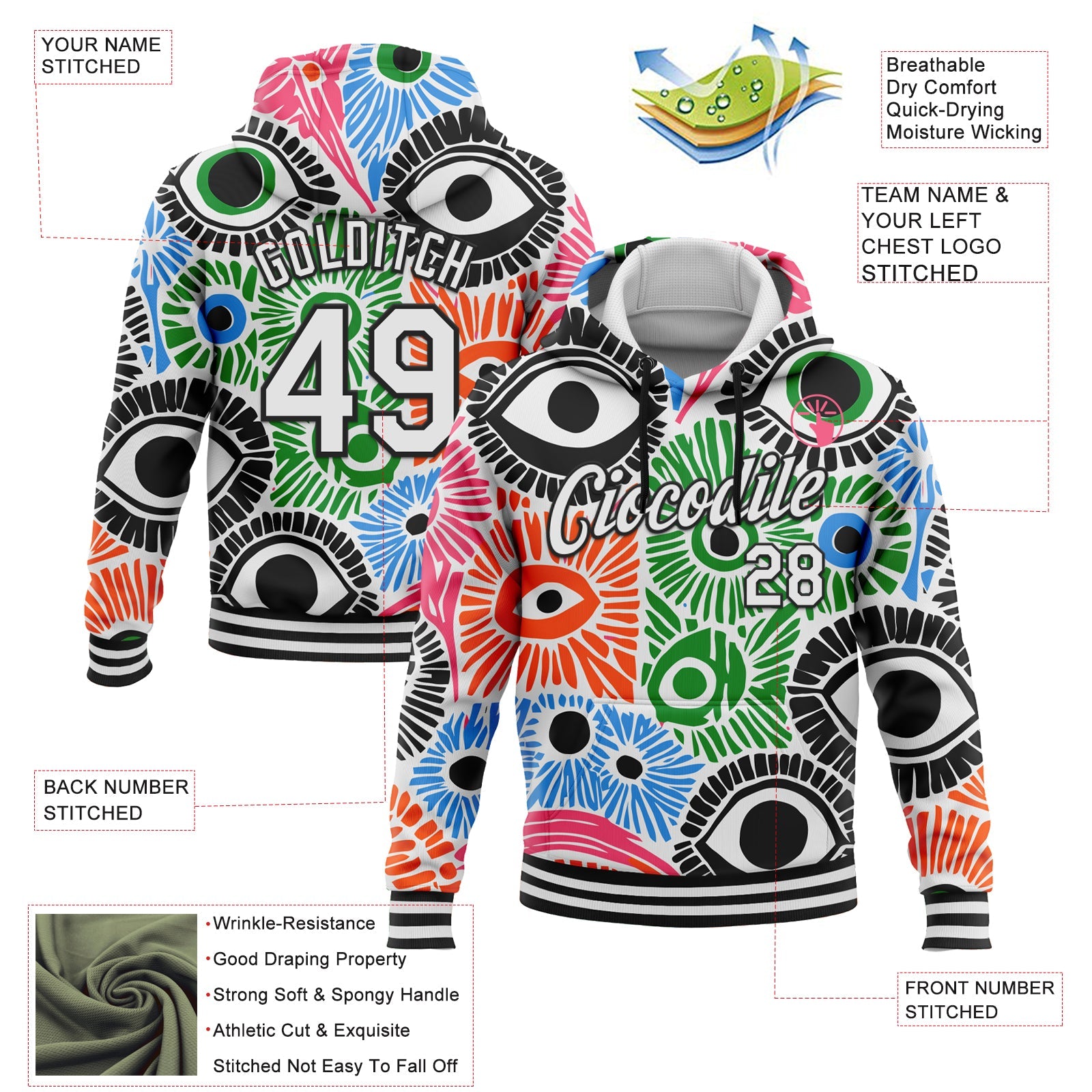 Custom Stitched White Black 3D Pattern Design Evil Eyes Sports Pullover Sweatshirt Hoodie view 2