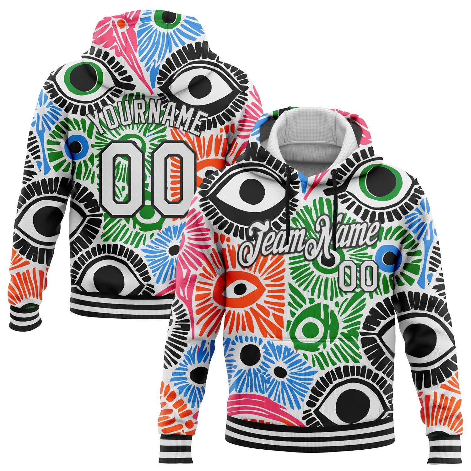 Custom Stitched White Black 3D Pattern Design Evil Eyes Sports Pullover Sweatshirt Hoodie - Main View