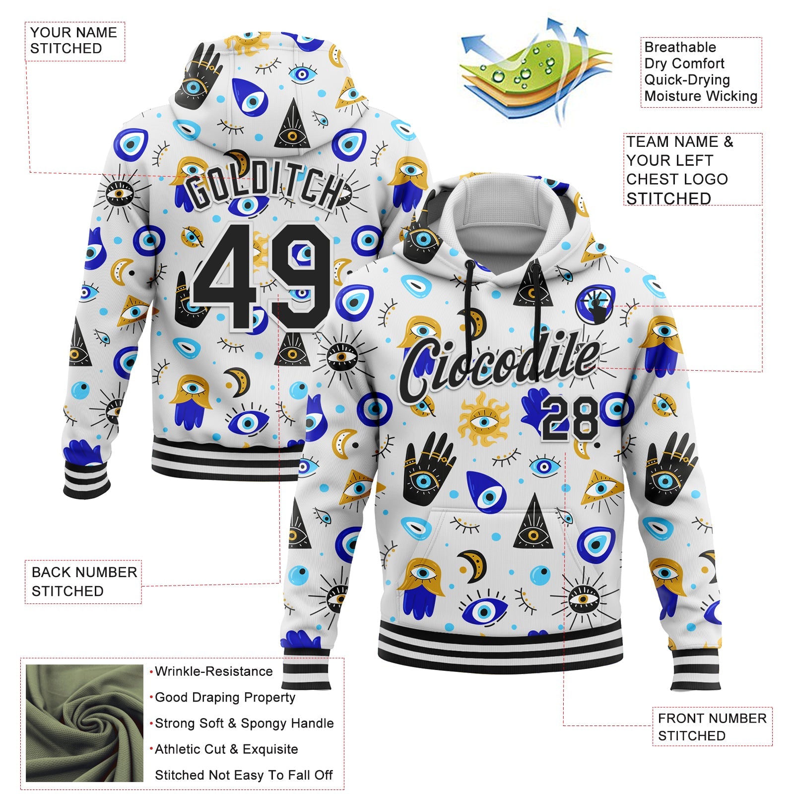 Custom Stitched White Black 3D Pattern Design Evil Eyes Sports Pullover Sweatshirt Hoodie view 2