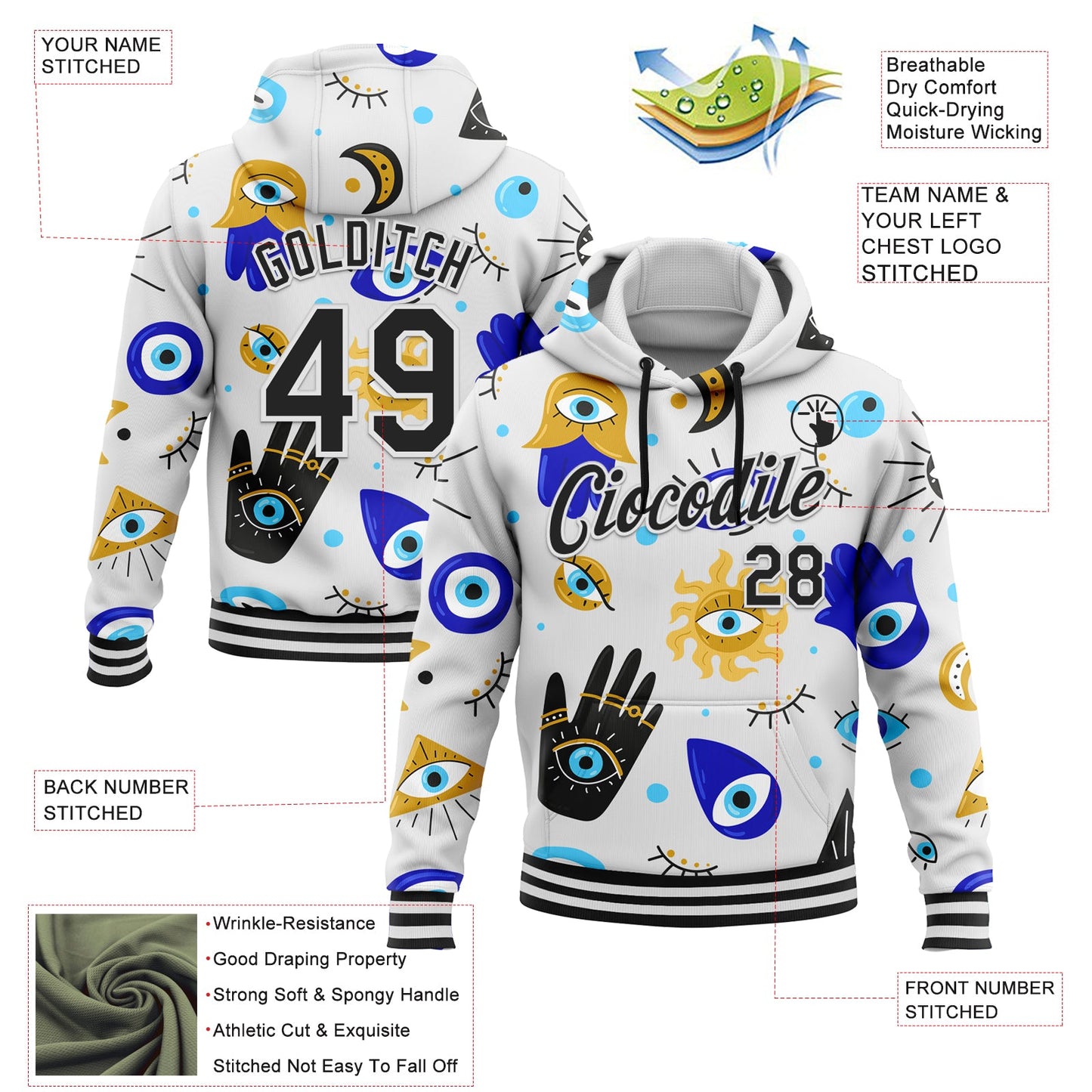 Custom Stitched White Black 3D Pattern Design Evil Eyes Sports Pullover Sweatshirt Hoodie view 2