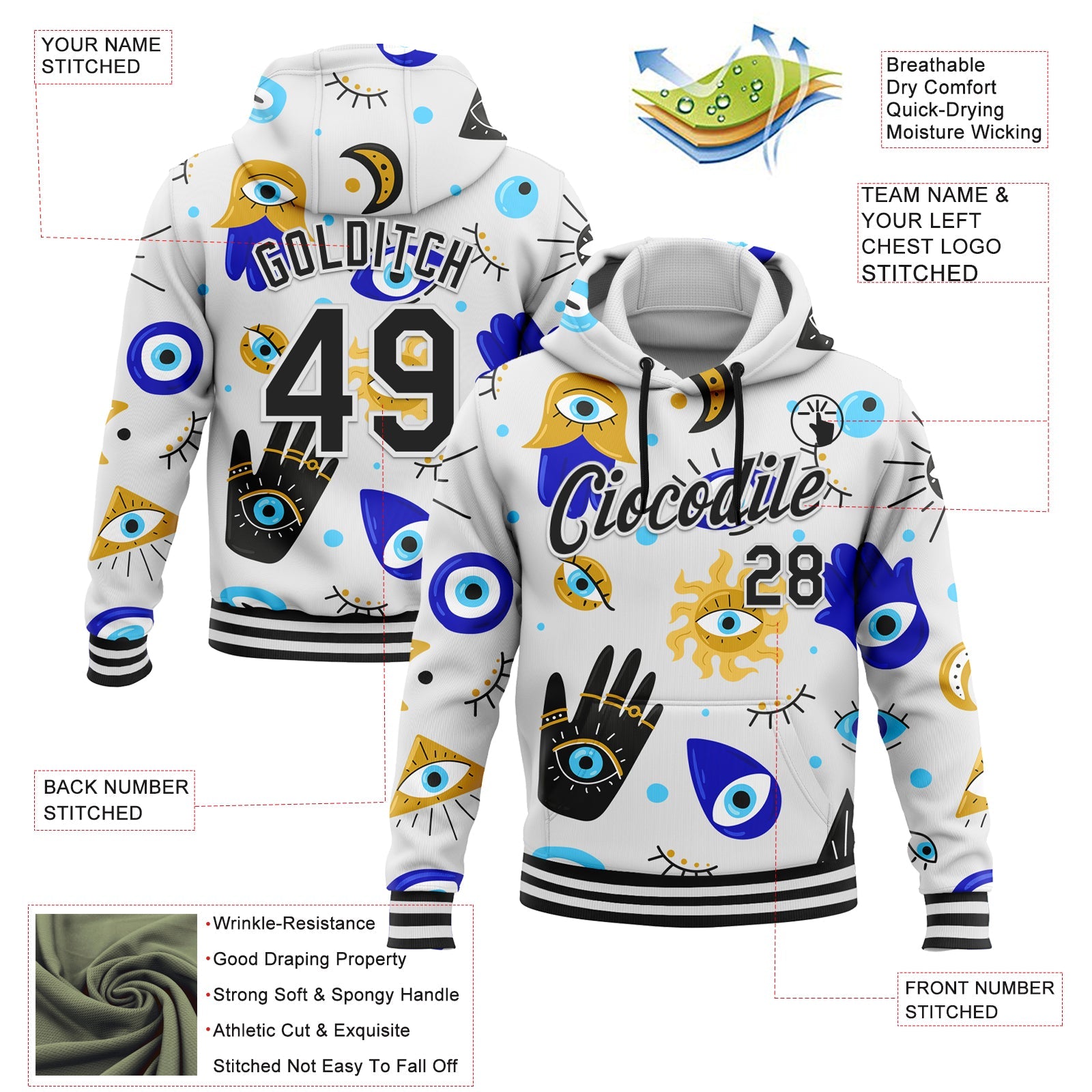 Custom Stitched White Black 3D Pattern Design Evil Eyes Sports Pullover Sweatshirt Hoodie view 2