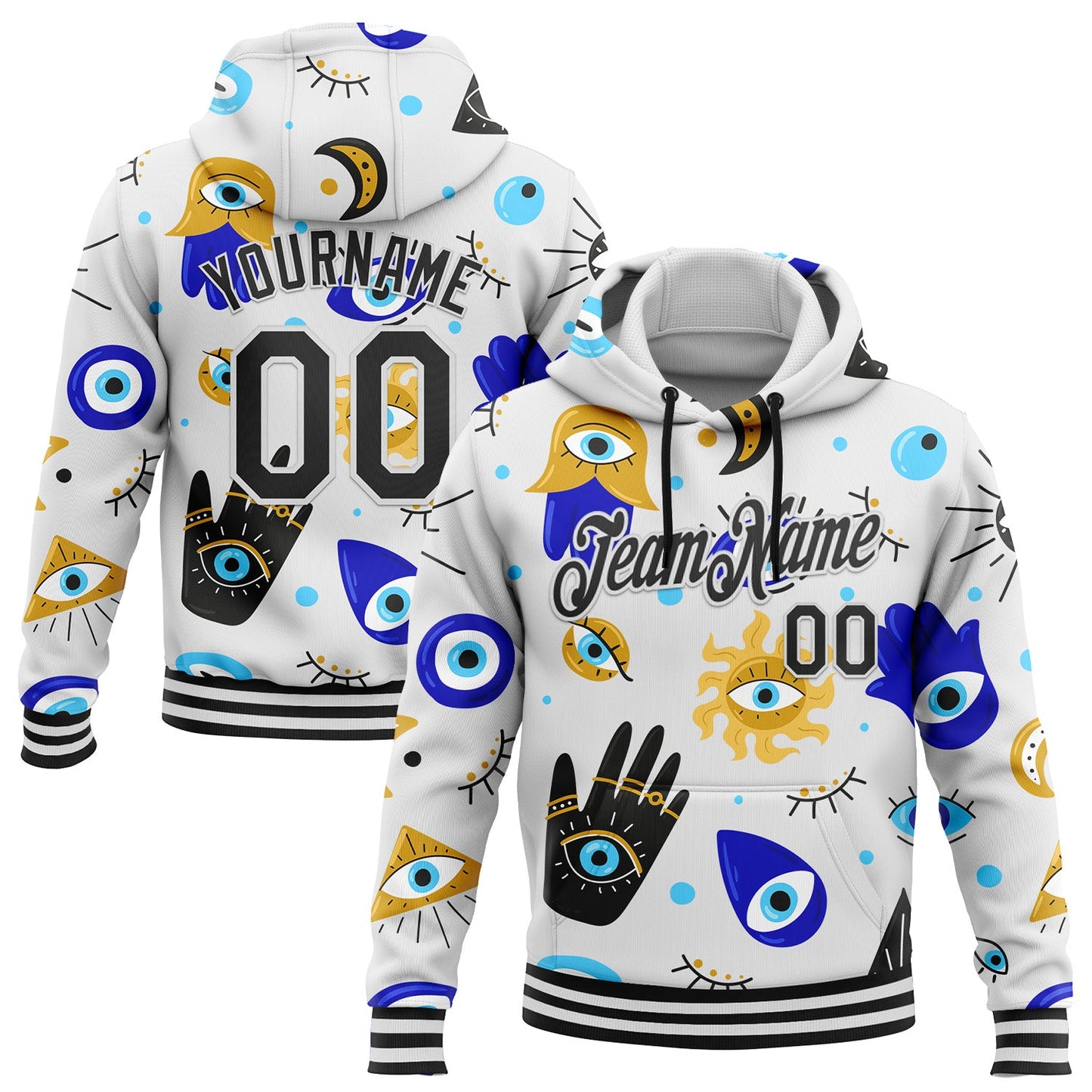 Custom Stitched White Black 3D Pattern Design Evil Eyes Sports Pullover Sweatshirt Hoodie - Main View
