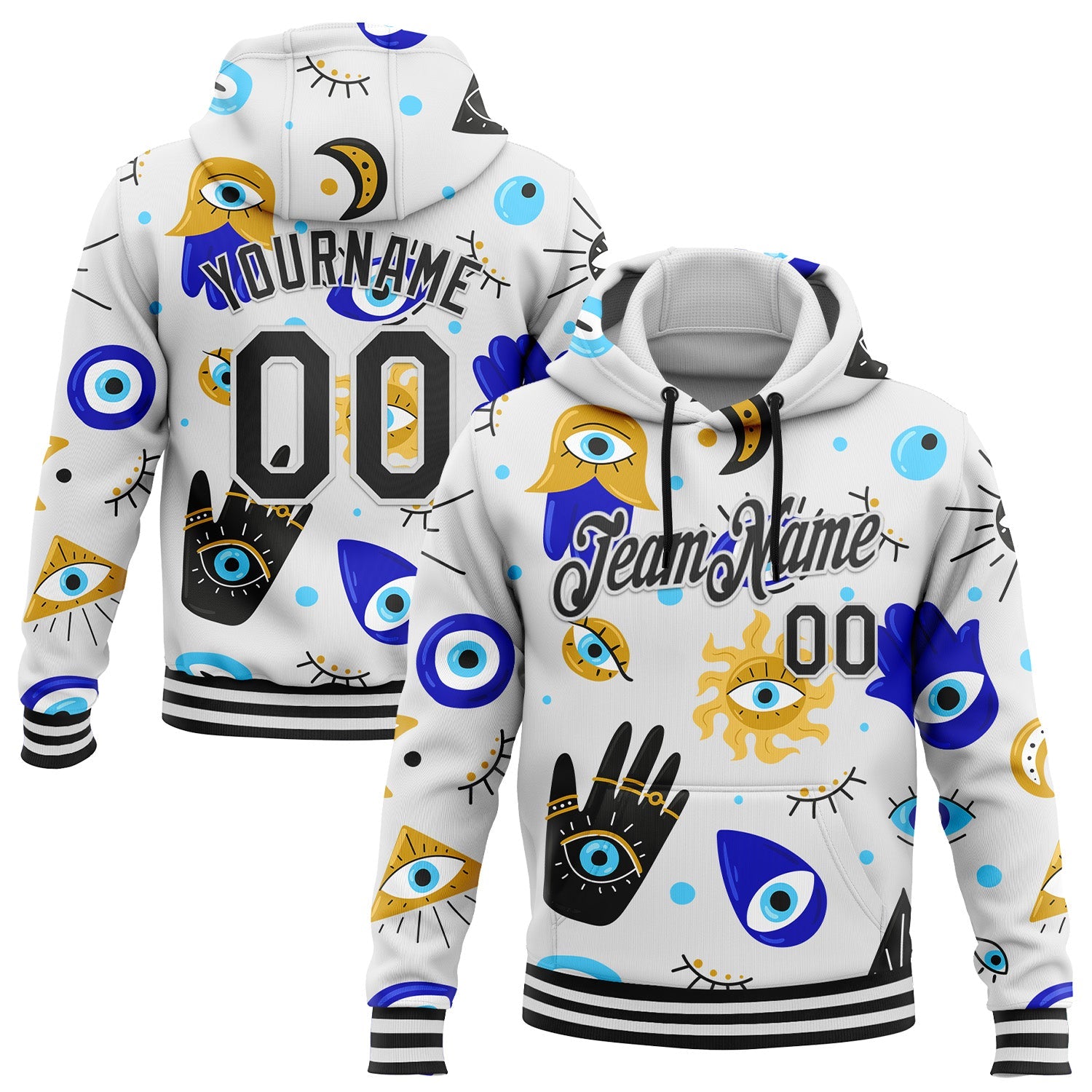 Custom Stitched White Black 3D Pattern Design Evil Eyes Sports Pullover Sweatshirt Hoodie - Main View
