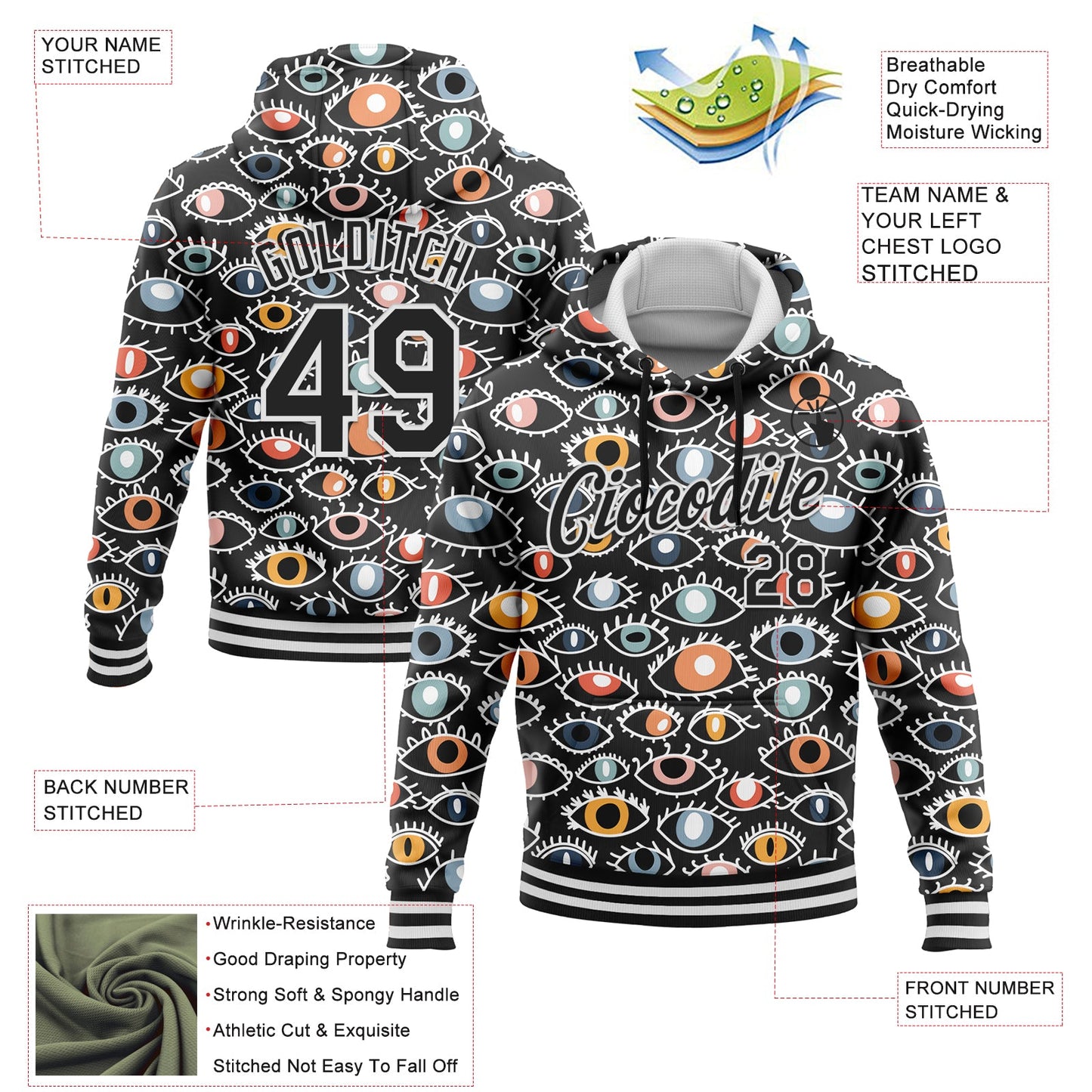 Custom Stitched Black White 3D Pattern Design Evil Eyes Sports Pullover Sweatshirt Hoodie view 2