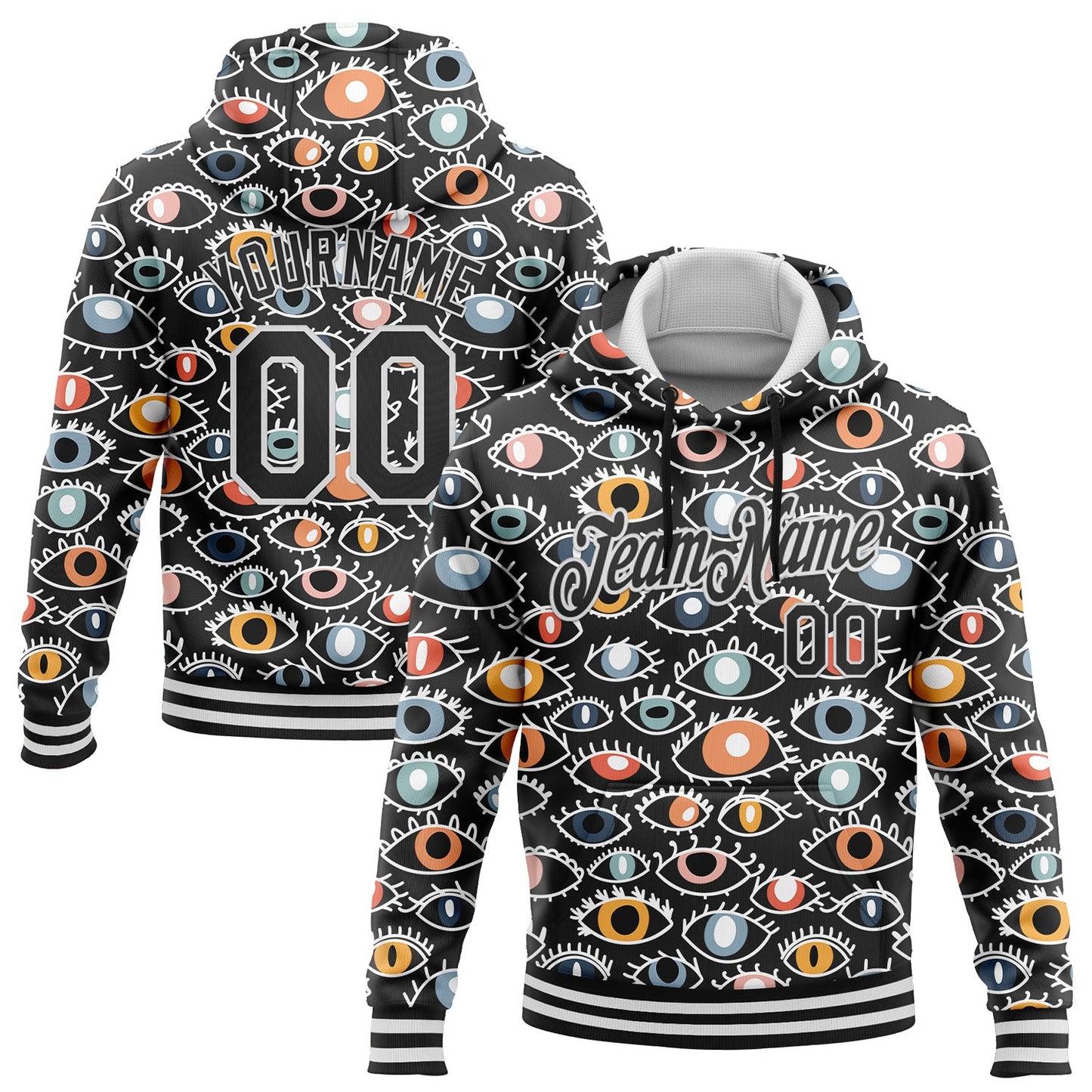 Custom Stitched Black White 3D Pattern Design Evil Eyes Sports Pullover Sweatshirt Hoodie - Main View