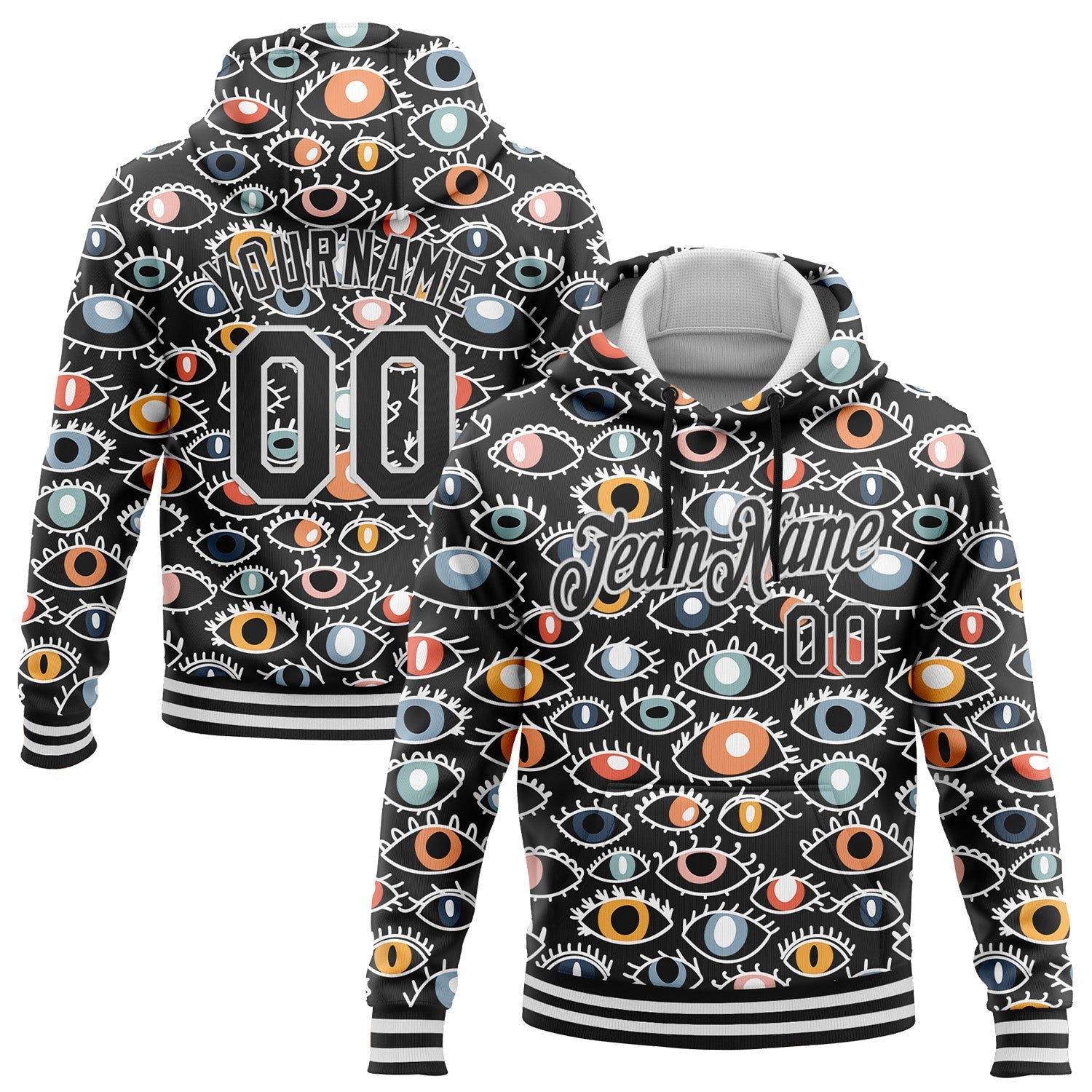 Custom Stitched Black White 3D Pattern Design Evil Eyes Sports Pullover Sweatshirt Hoodie - Main View