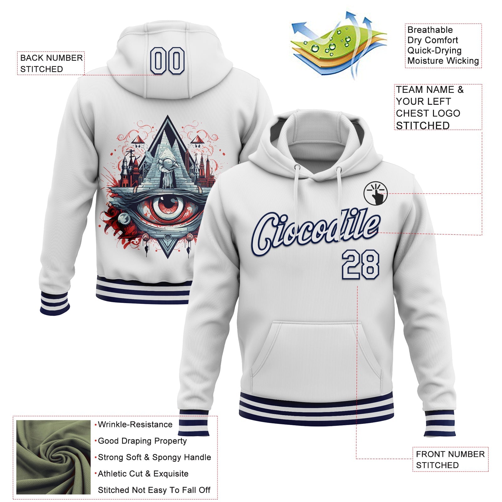 Custom Stitched White Navy 3D Pattern Design Evil Eyes Sports Pullover Sweatshirt Hoodie view 2