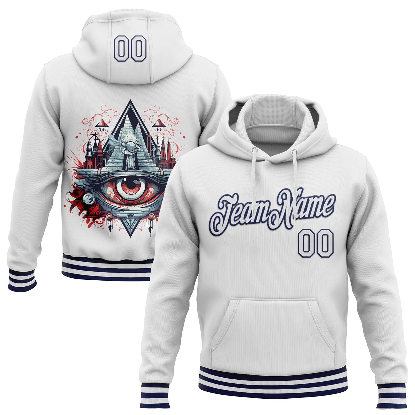 Custom Stitched White Navy 3D Pattern Design Evil Eyes Sports Pullover Sweatshirt Hoodie - Main View