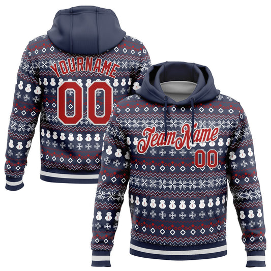 Custom Stitched Navy Red-White 3D Christmas Sports Pullover Sweatshirt Hoodie - Main View