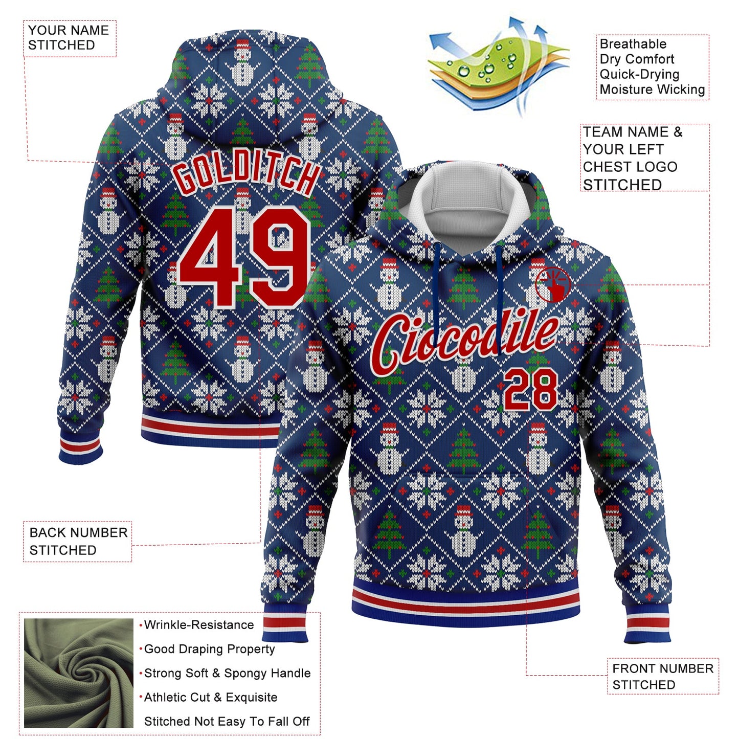 Custom Stitched Royal Red-White 3D Christmas Sports Pullover Sweatshirt Hoodie view 2