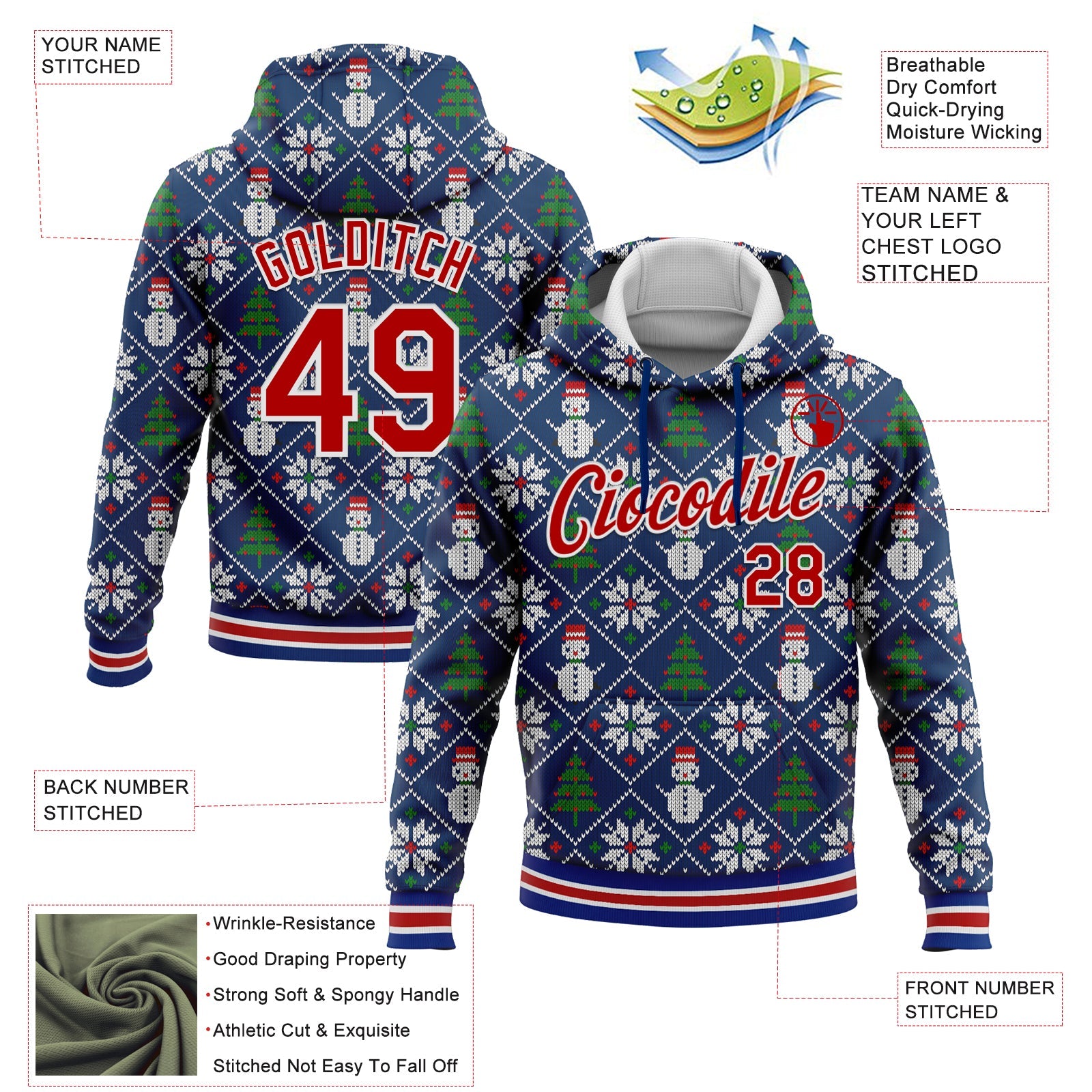 Custom Stitched Royal Red-White 3D Christmas Sports Pullover Sweatshirt Hoodie view 2