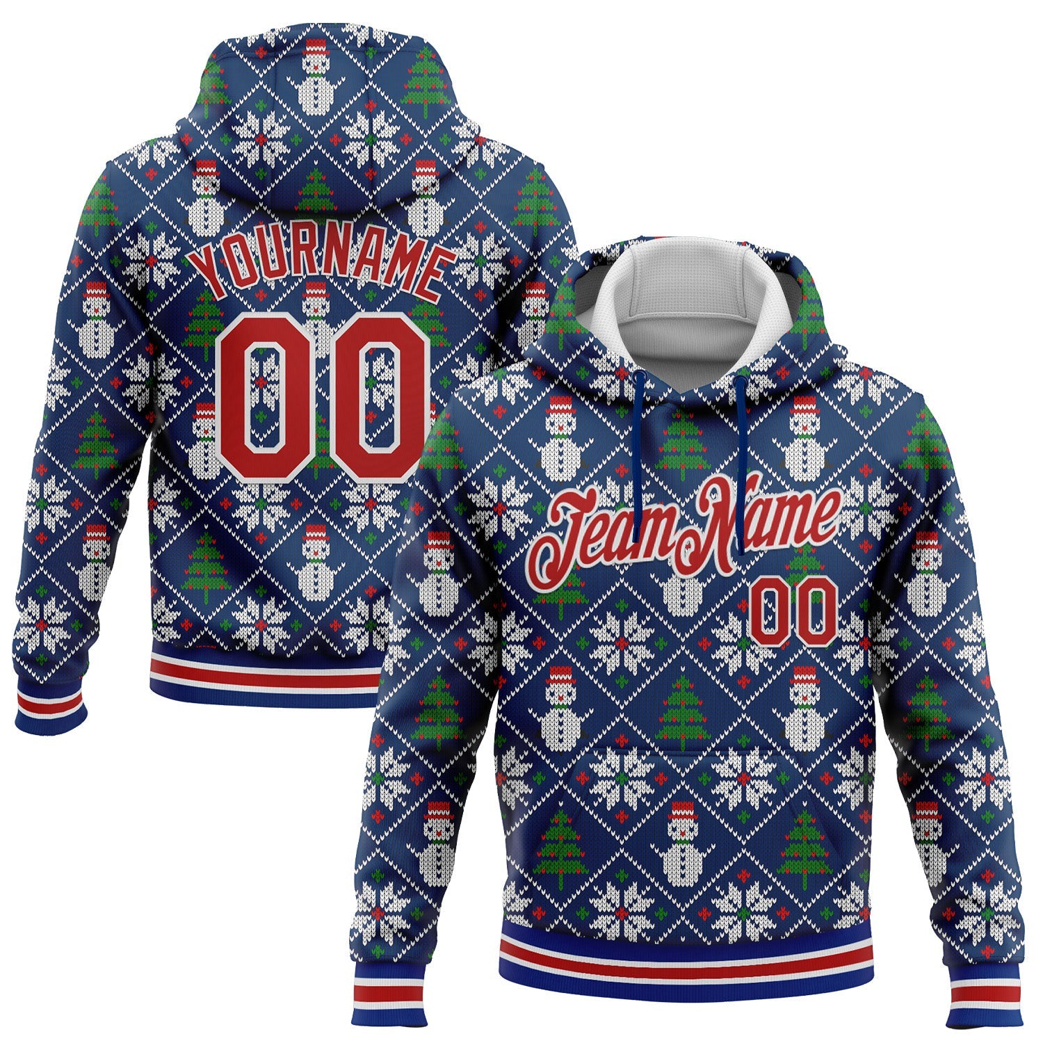 Custom Stitched Royal Red-White 3D Christmas Sports Pullover Sweatshirt Hoodie - Main View