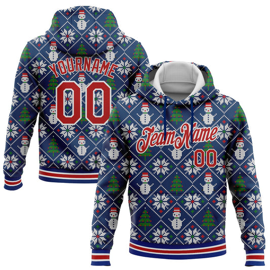 Custom Stitched Royal Red-White 3D Christmas Sports Pullover Sweatshirt Hoodie - Main View