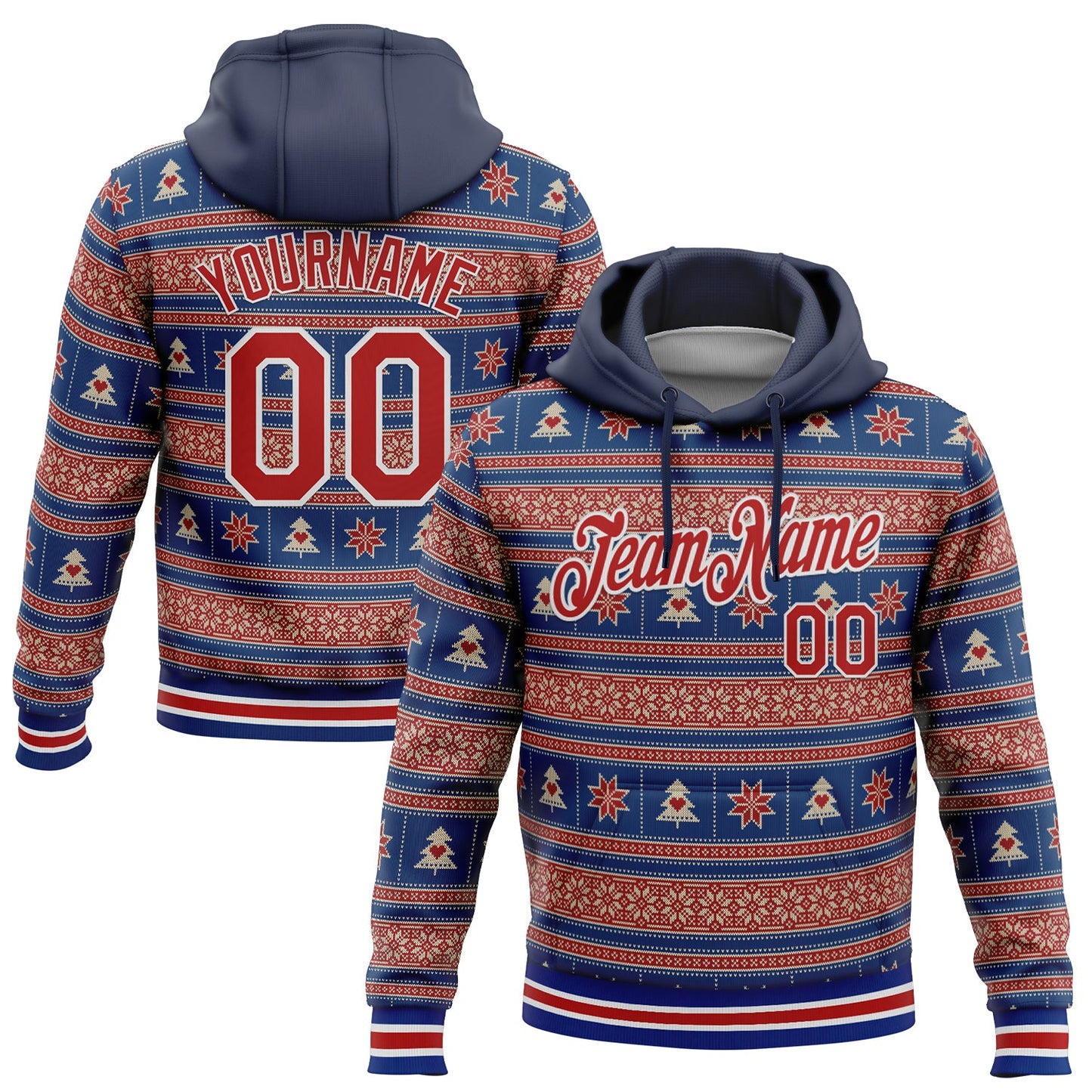 Custom Stitched Navy Red-White 3D Christmas Sports Pullover Sweatshirt Hoodie - Main View