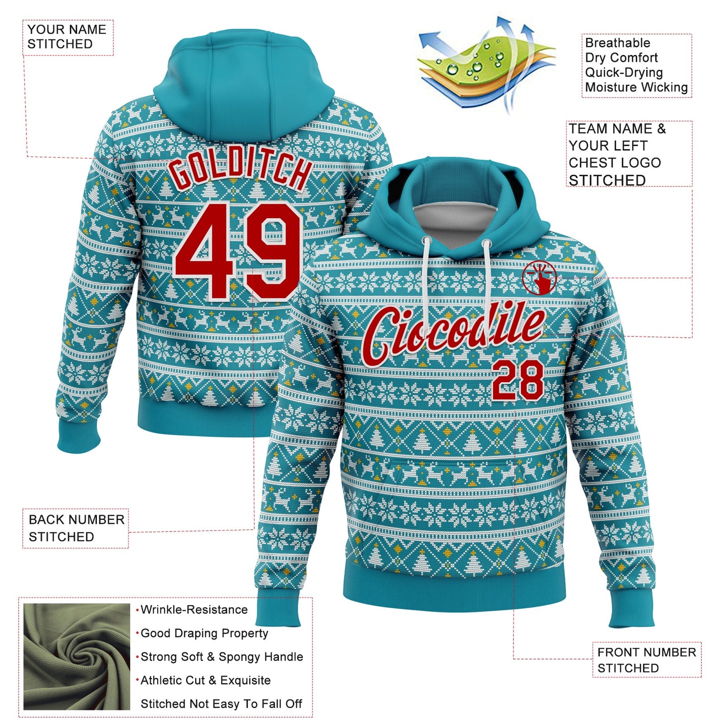Custom Stitched Midnight Green Red-White 3D Christmas Sports Pullover Sweatshirt Hoodie view 2
