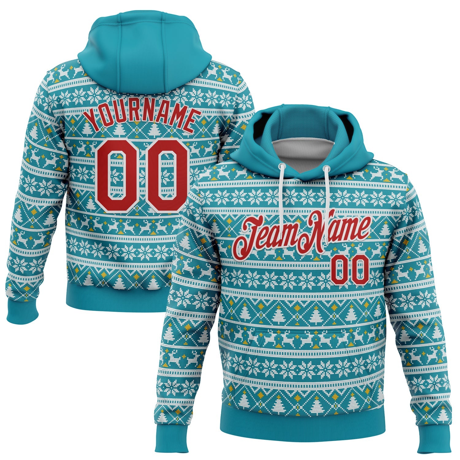Custom Stitched Midnight Green Red-White 3D Christmas Sports Pullover Sweatshirt Hoodie - Main View