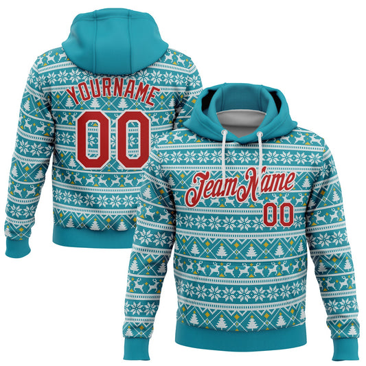 Custom Stitched Midnight Green Red-White 3D Christmas Sports Pullover Sweatshirt Hoodie - Main View