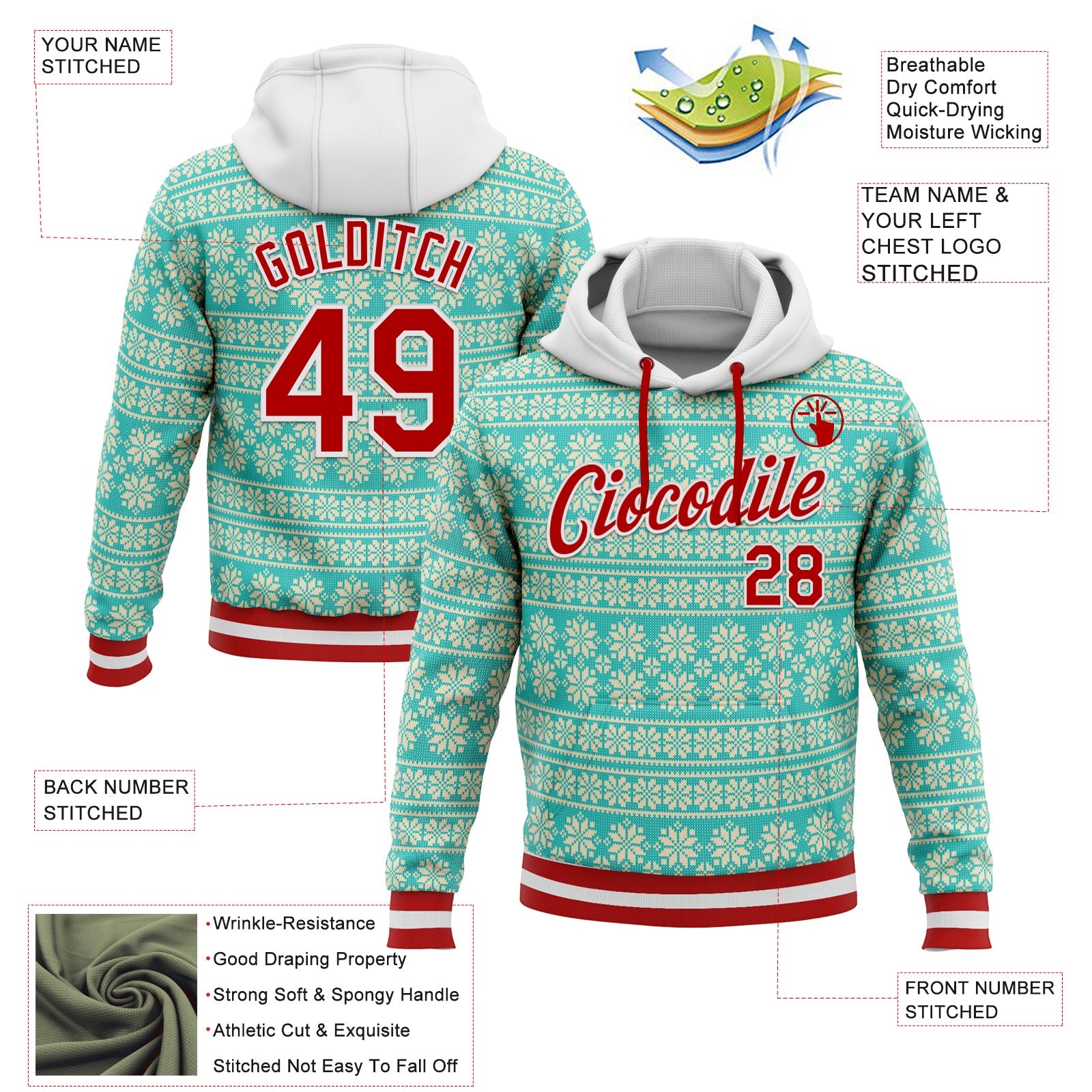 Custom Stitched Aqua Red-White 3D Christmas Sports Pullover Sweatshirt Hoodie view 2