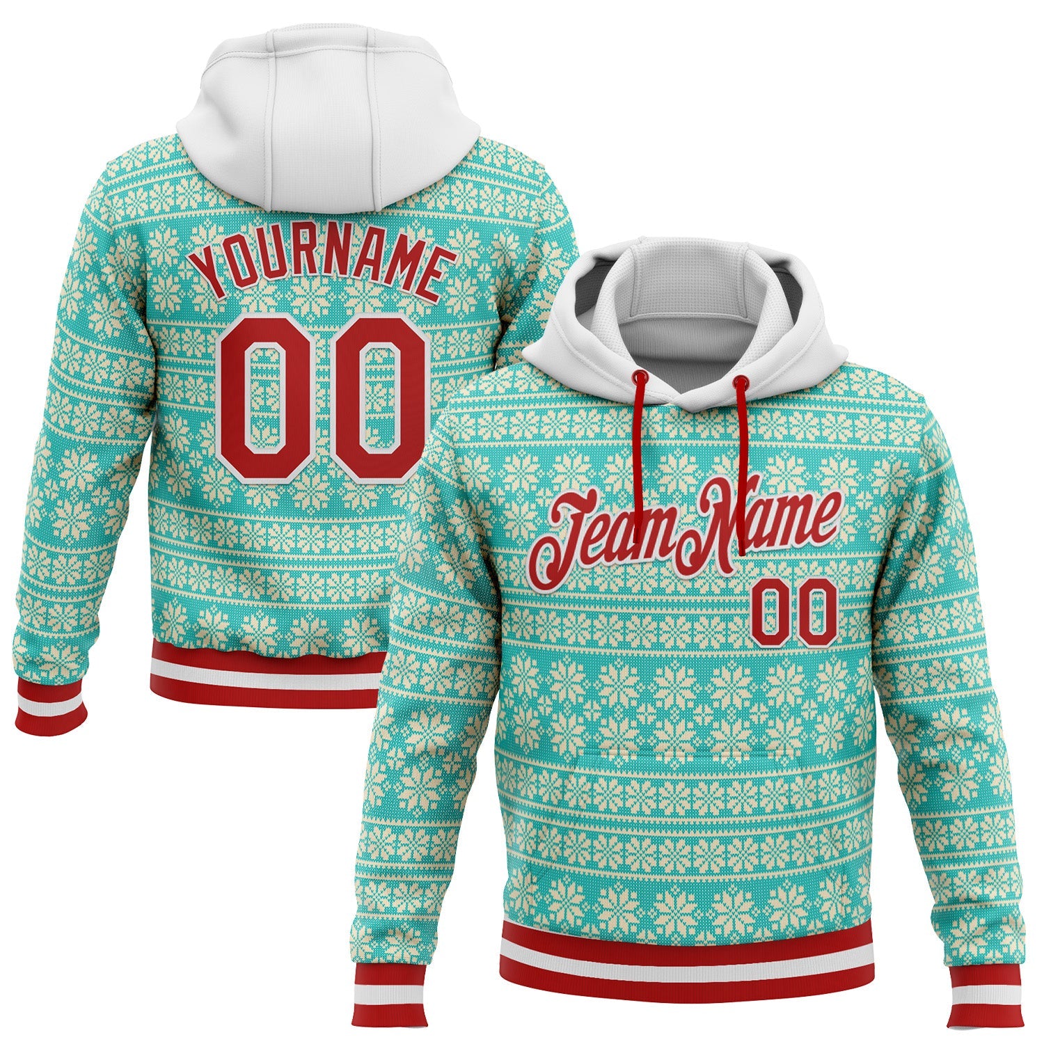 Custom Stitched Aqua Red-White 3D Christmas Sports Pullover Sweatshirt Hoodie - Main View