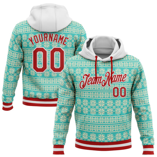 Custom Stitched Aqua Red-White 3D Christmas Sports Pullover Sweatshirt Hoodie - Main View