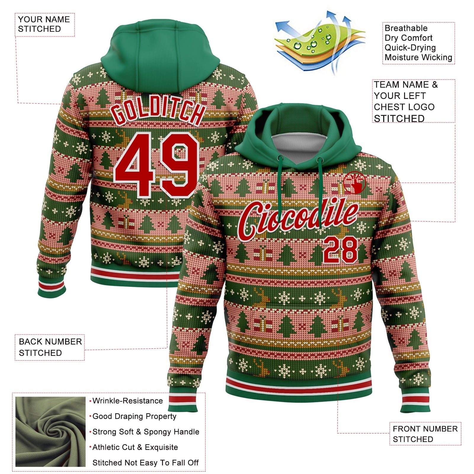 Custom Stitched Kelly Green Red-White 3D Christmas Sports Pullover Sweatshirt Hoodie view 2