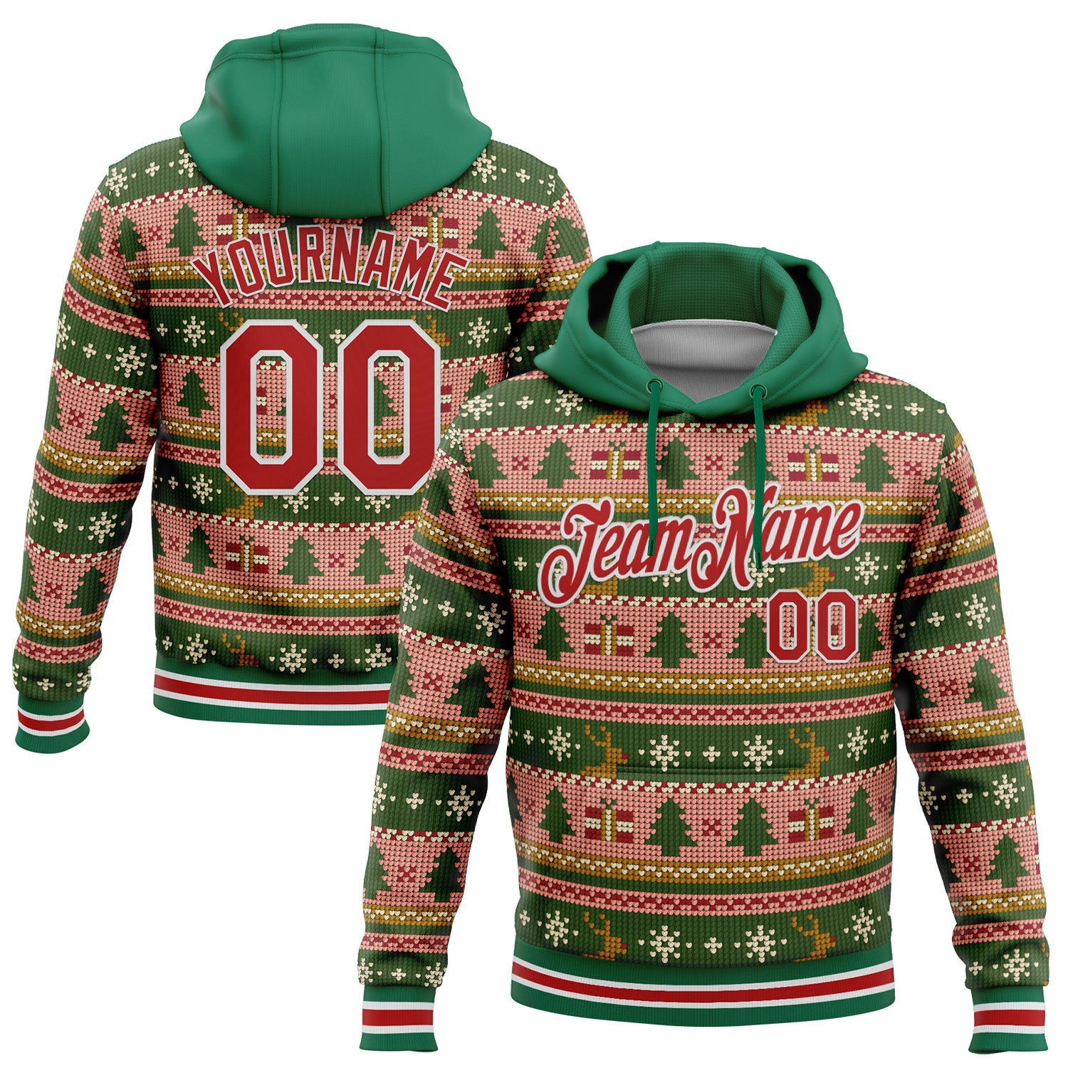 Custom Stitched Kelly Green Red-White 3D Christmas Sports Pullover Sweatshirt Hoodie - Main View