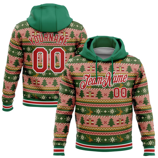 Custom Stitched Kelly Green Red-White 3D Christmas Sports Pullover Sweatshirt Hoodie - Main View