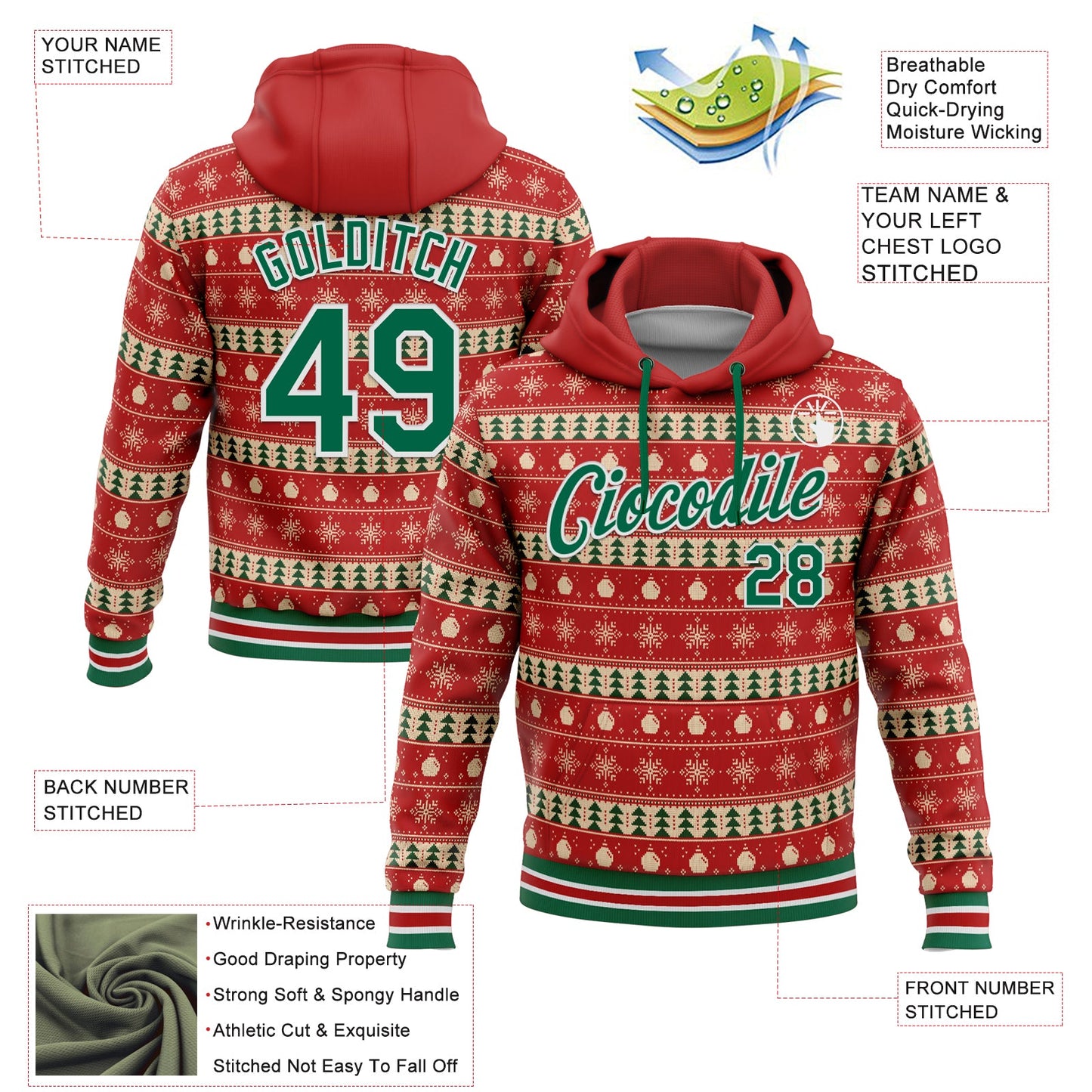 Custom Stitched Red Kelly Green-White 3D Christmas Sports Pullover Sweatshirt Hoodie view 2