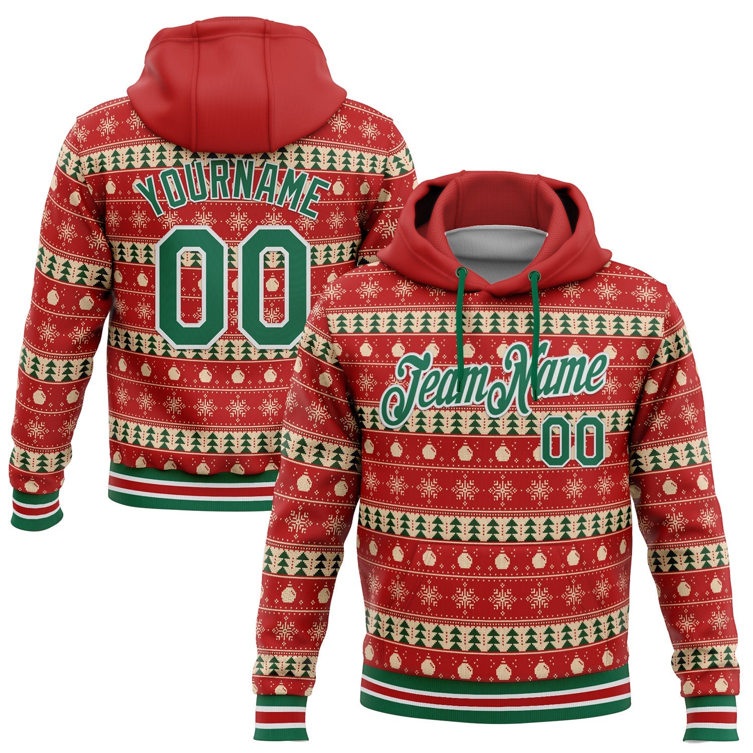 Custom Stitched Red Kelly Green-White 3D Christmas Sports Pullover Sweatshirt Hoodie - Main View