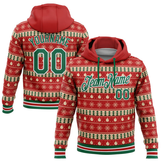 Custom Stitched Red Kelly Green-White 3D Christmas Sports Pullover Sweatshirt Hoodie - Main View
