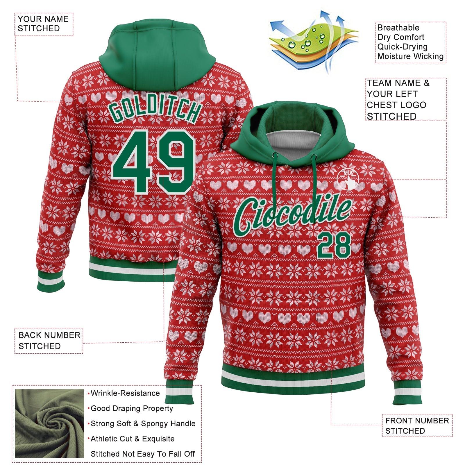 Custom Stitched Maroon Kelly Green-White 3D Christmas Sports Pullover Sweatshirt Hoodie view 2