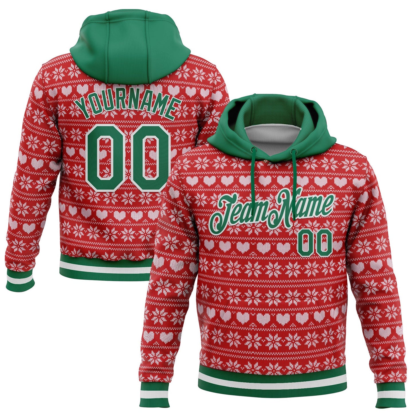 Custom Stitched Maroon Kelly Green-White 3D Christmas Sports Pullover Sweatshirt Hoodie - Main View