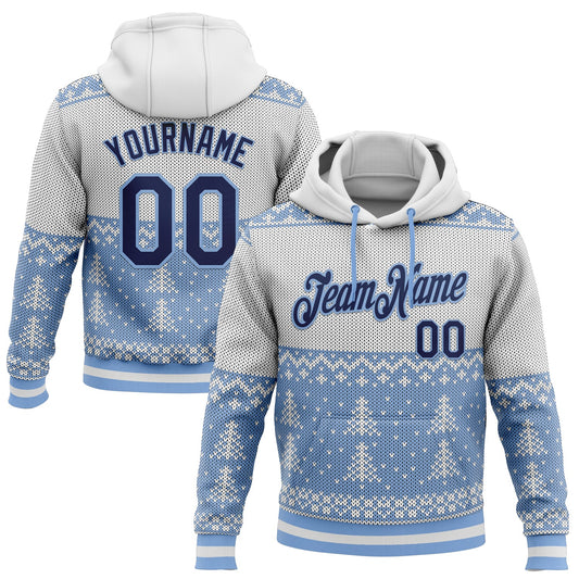 Custom Stitched White Navy-Light Blue 3D Christmas Sports Pullover Sweatshirt Hoodie - Main View