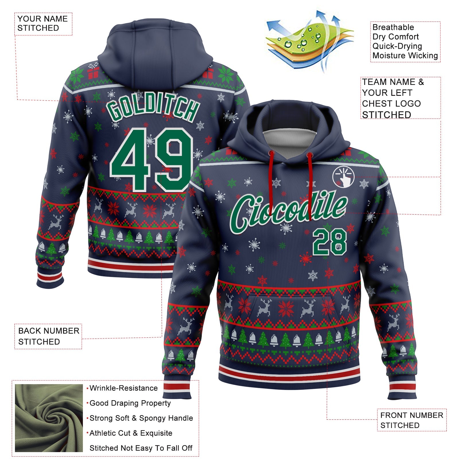 Custom Stitched Navy Kelly Green-White 3D Christmas Sports Pullover Sweatshirt Hoodie view 2