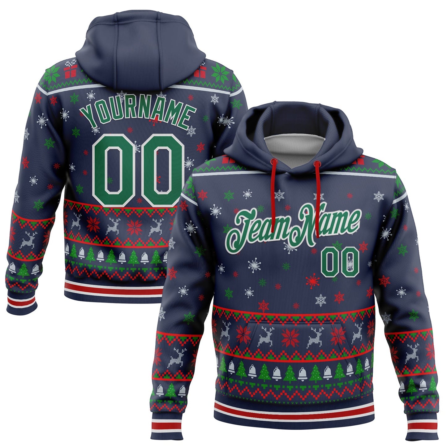 Custom Stitched Navy Kelly Green-White 3D Christmas Sports Pullover Sweatshirt Hoodie - Main View