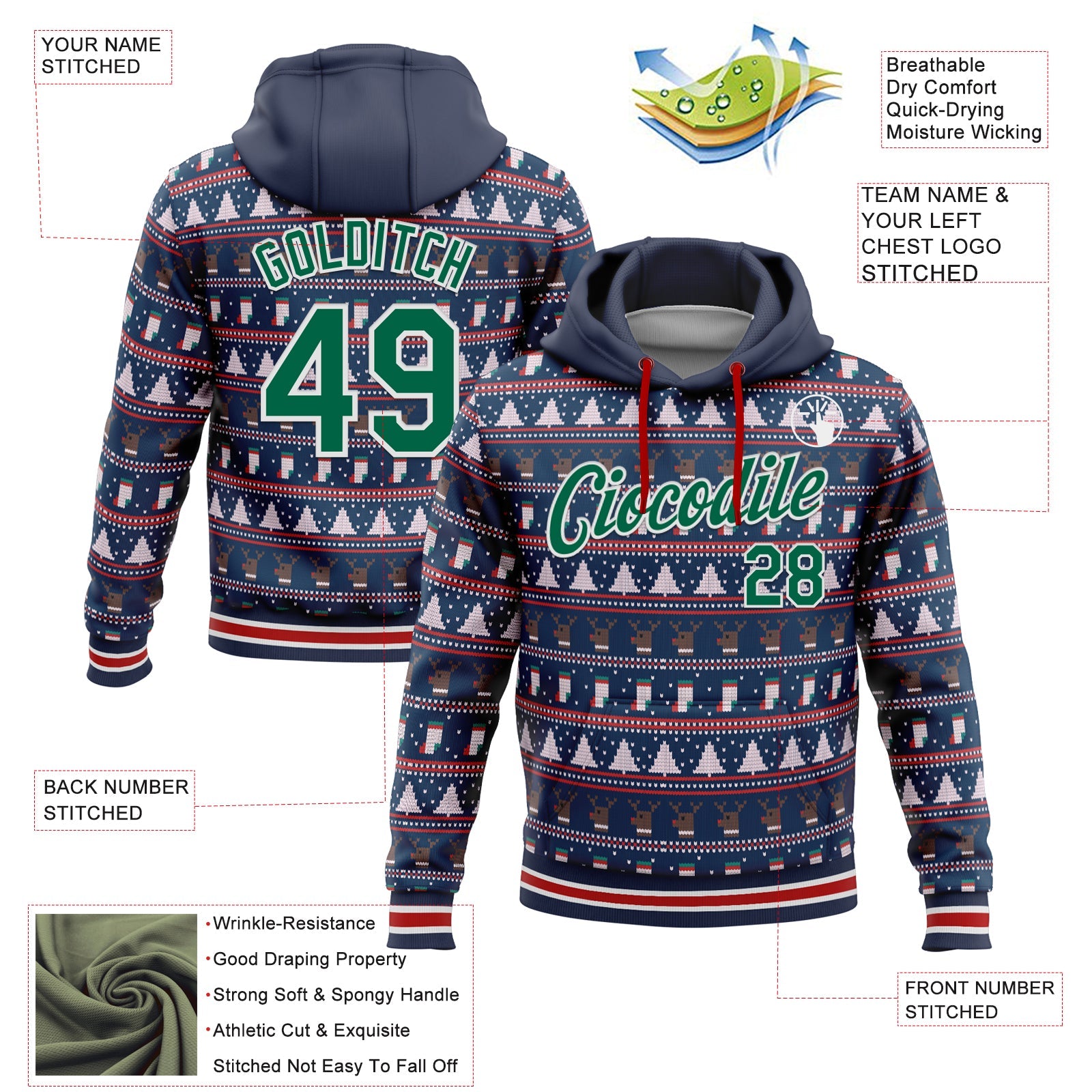 Custom Stitched Navy Kelly Green-White 3D Christmas Sports Pullover Sweatshirt Hoodie view 2