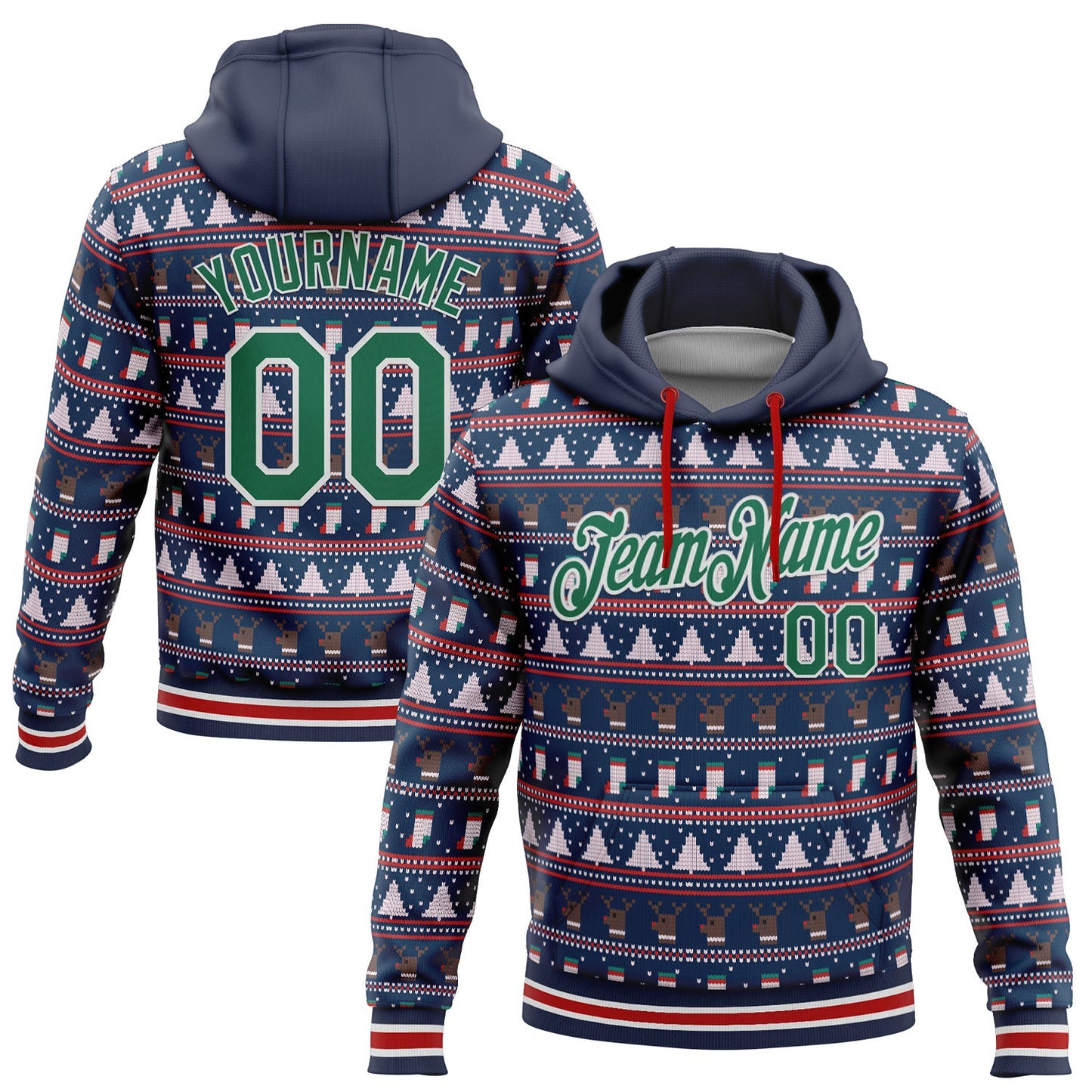 Custom Stitched Navy Kelly Green-White 3D Christmas Sports Pullover Sweatshirt Hoodie - Main View
