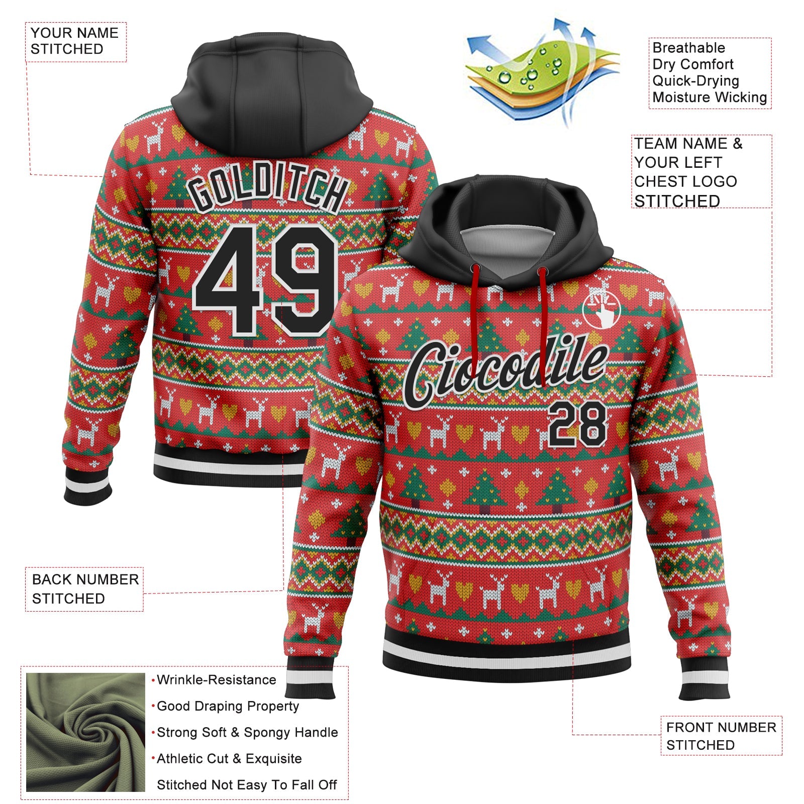 Custom Stitched Red Black-White 3D Christmas Sports Pullover Sweatshirt Hoodie view 2