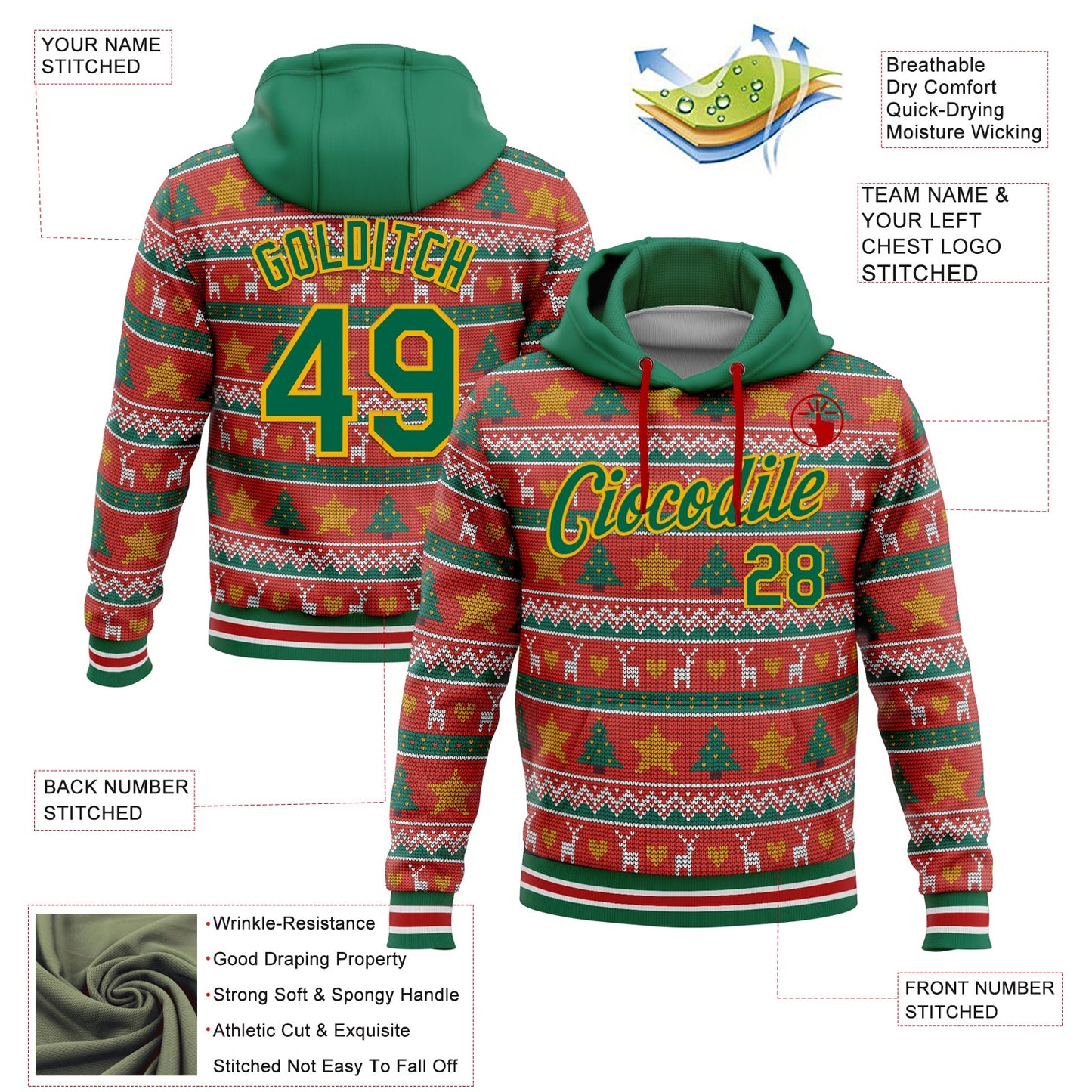 Custom Stitched Red Kelly Green-Gold 3D Christmas Sports Pullover Sweatshirt Hoodie view 2