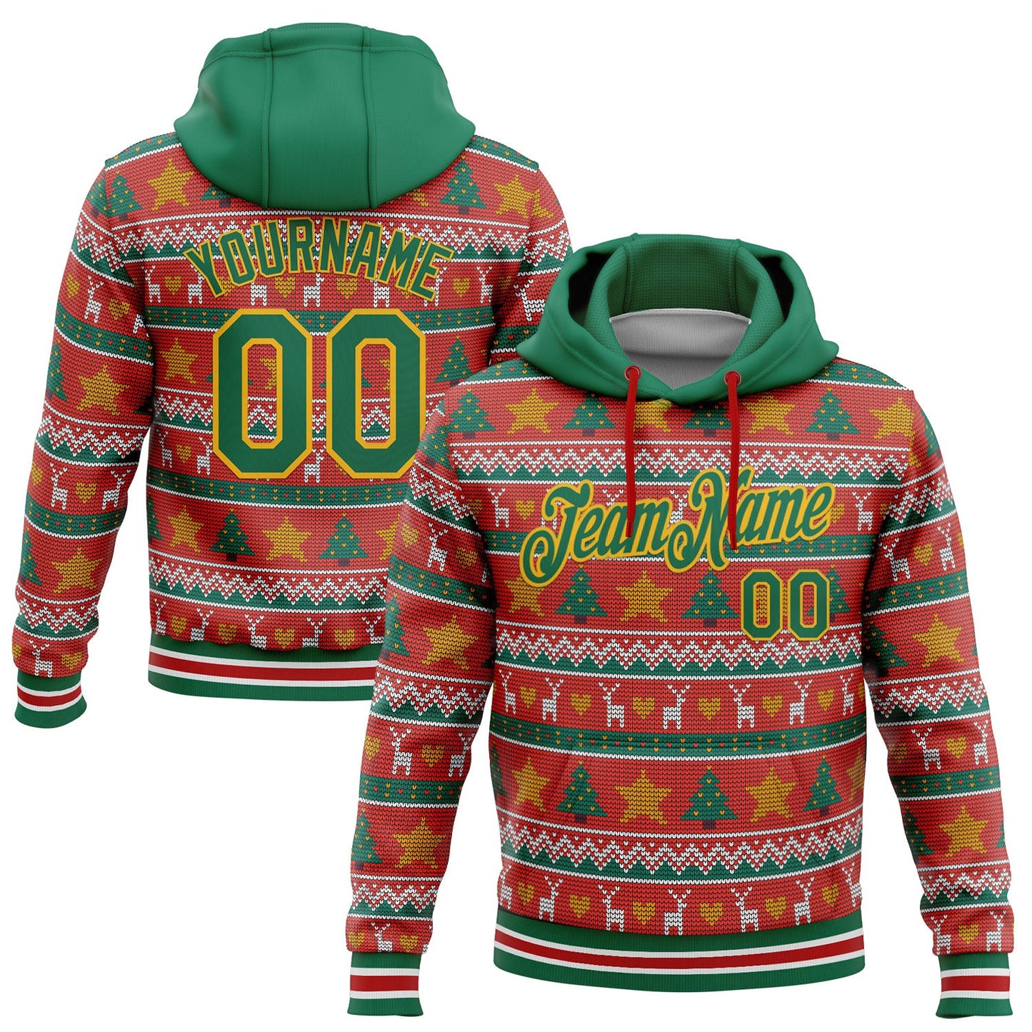 Custom Stitched Red Kelly Green-Gold 3D Christmas Sports Pullover Sweatshirt Hoodie - Main View