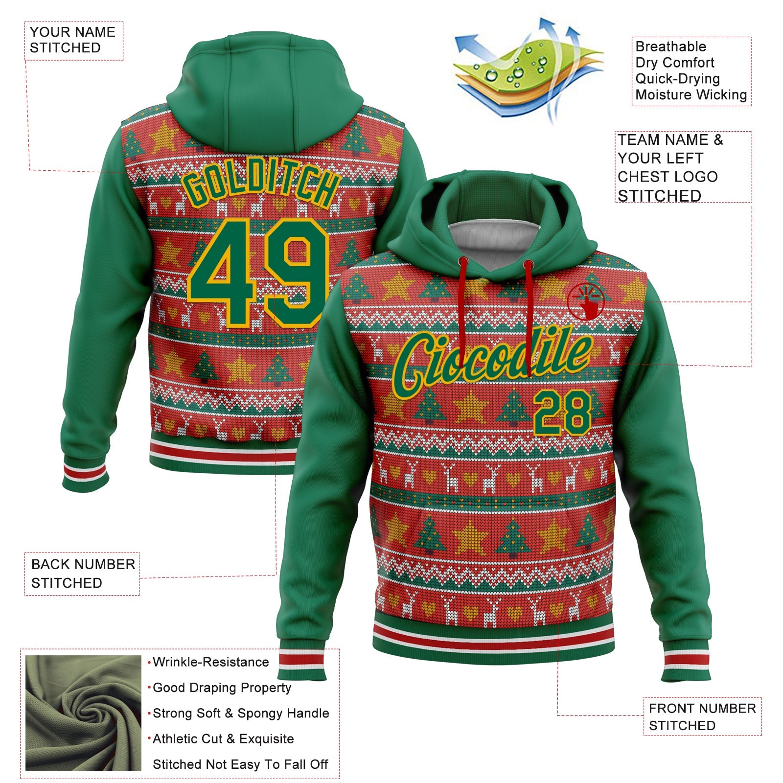 Custom Stitched Red Kelly Green-Gold 3D Christmas Sports Pullover Sweatshirt Hoodie view 2
