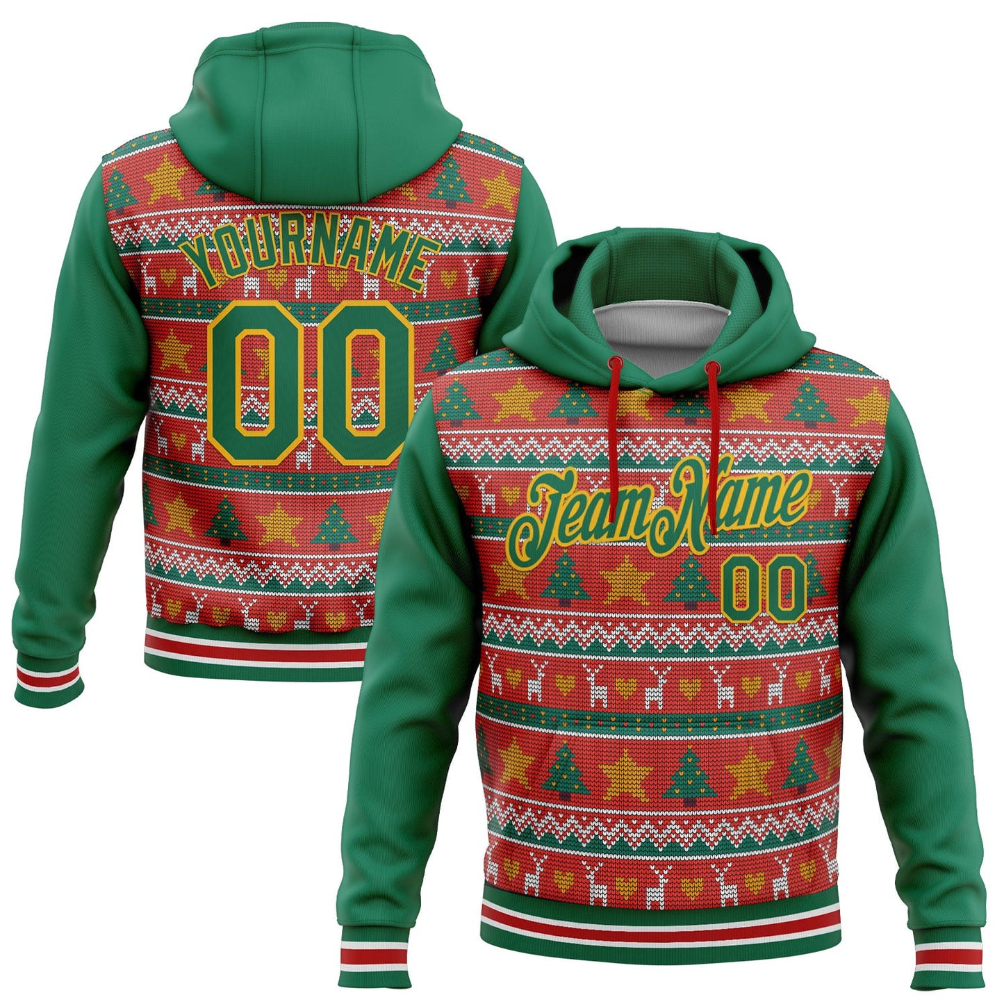 Custom Stitched Red Kelly Green-Gold 3D Christmas Sports Pullover Sweatshirt Hoodie - Main View