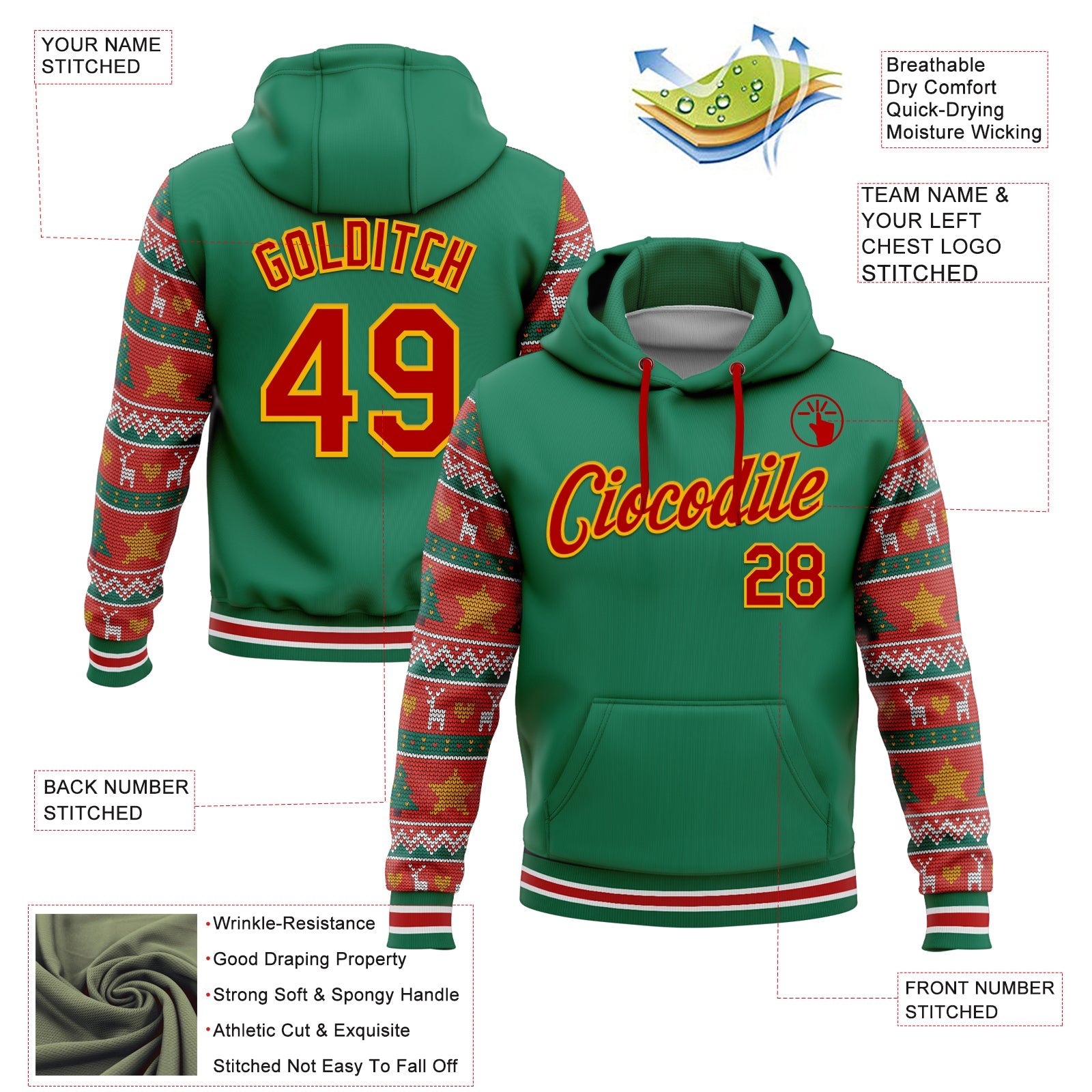 Custom Stitched Kelly Green Red-Gold 3D Christmas Sports Pullover Sweatshirt Hoodie view 2