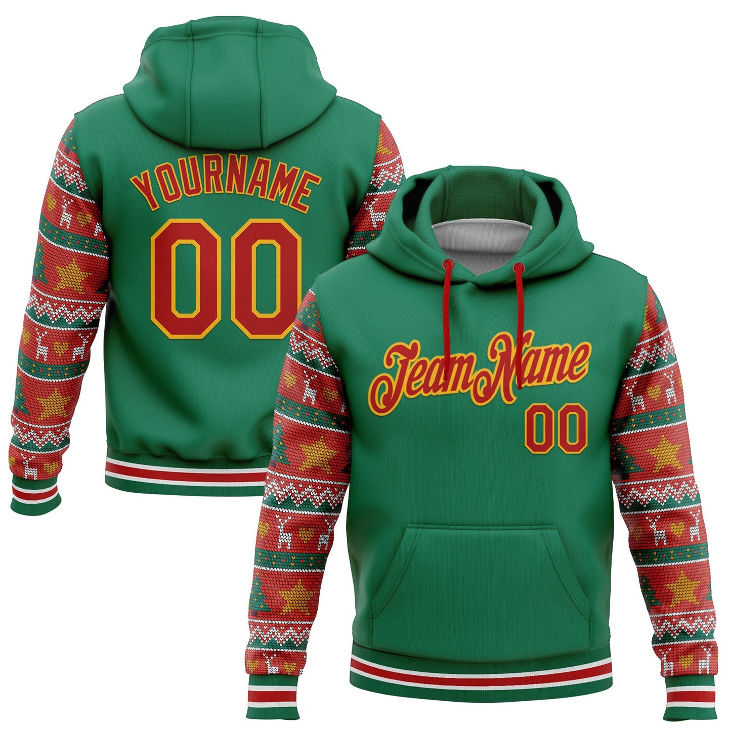 Custom Stitched Kelly Green Red-Gold 3D Christmas Sports Pullover Sweatshirt Hoodie - Main View
